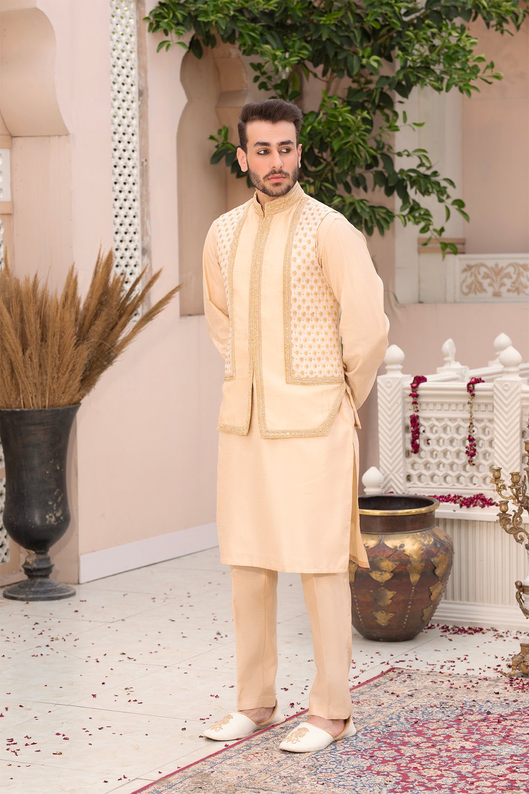 Light Gold Ada Work Silk Waistcoat Kurta (3-Piece) - Image 2