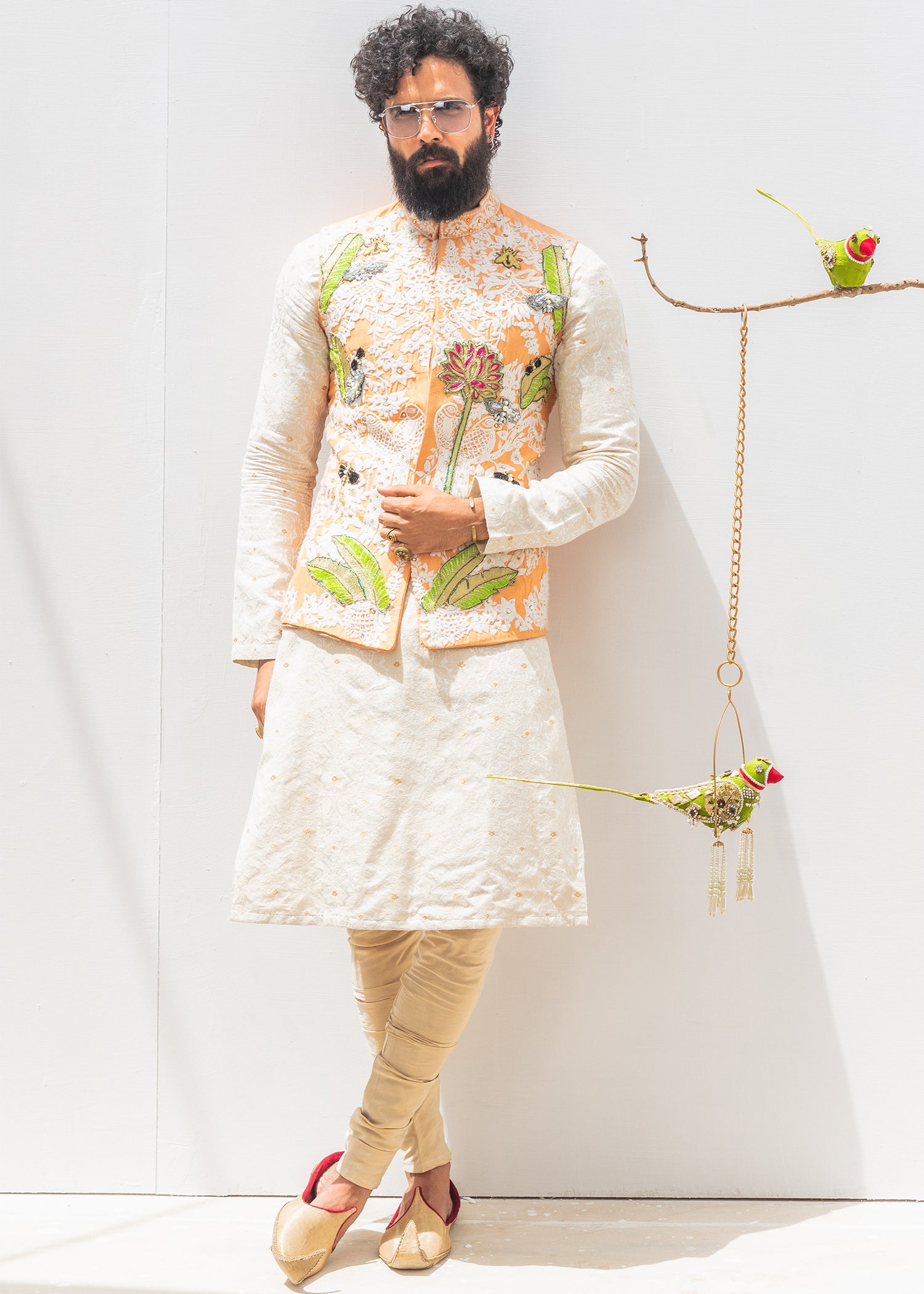 Marigold Embroidered Silk-Blend Waistcoat Kurta (3-Piece) - Image 1