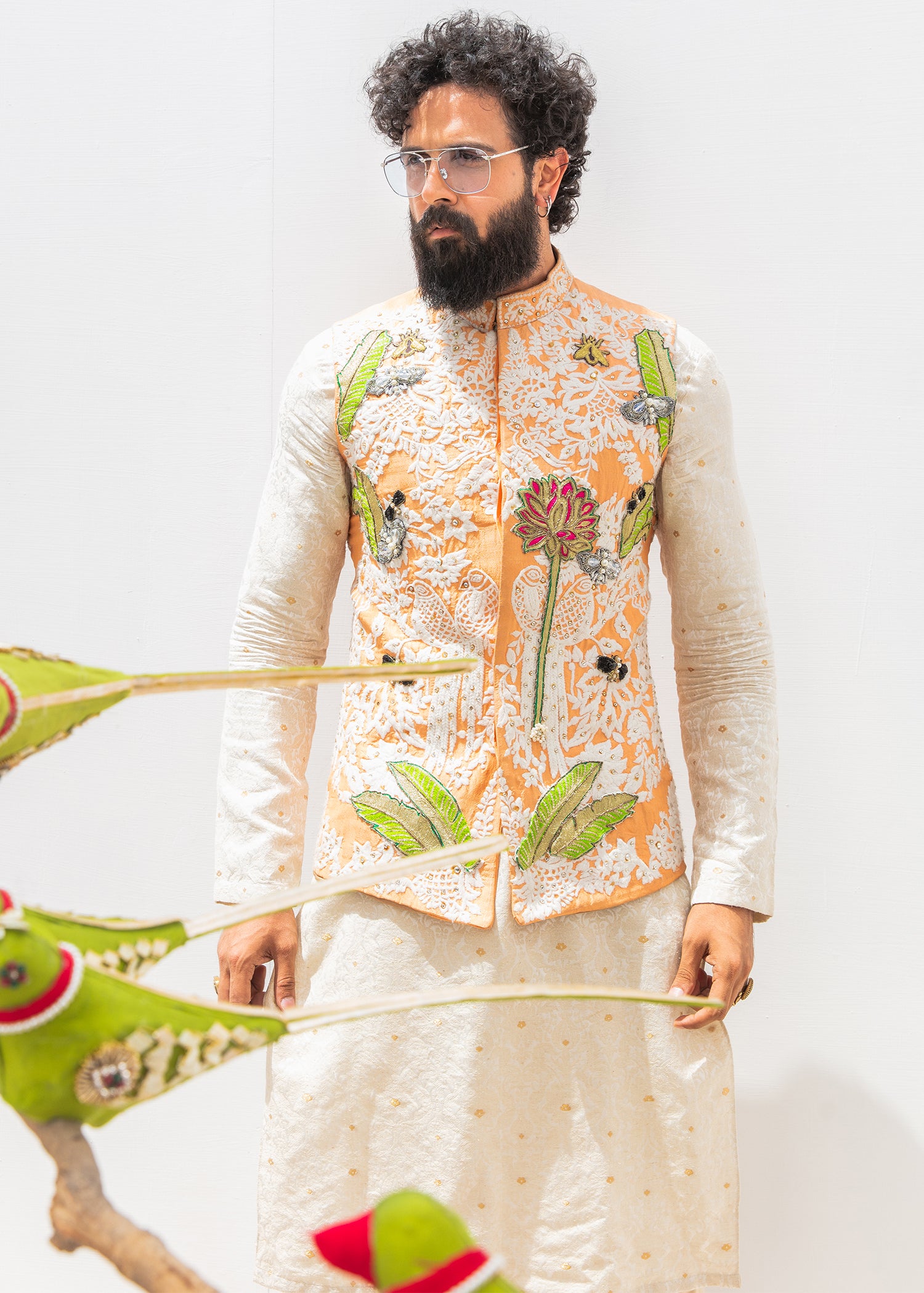 Marigold Embroidered Silk-Blend Waistcoat Kurta (3-Piece) - Image 2