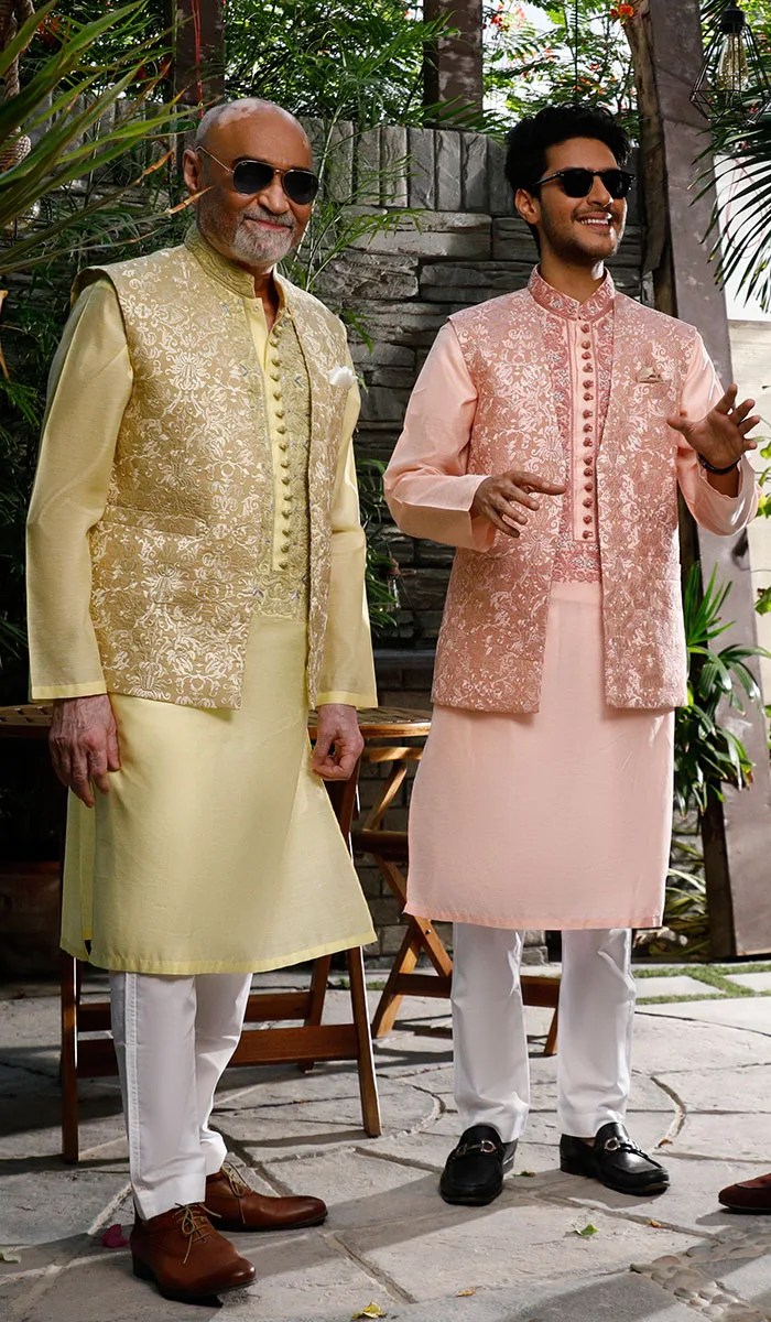 Gold and Blush Embroidered Silk-Blend Waistcoat Kurta (2-Piece) - Image 1