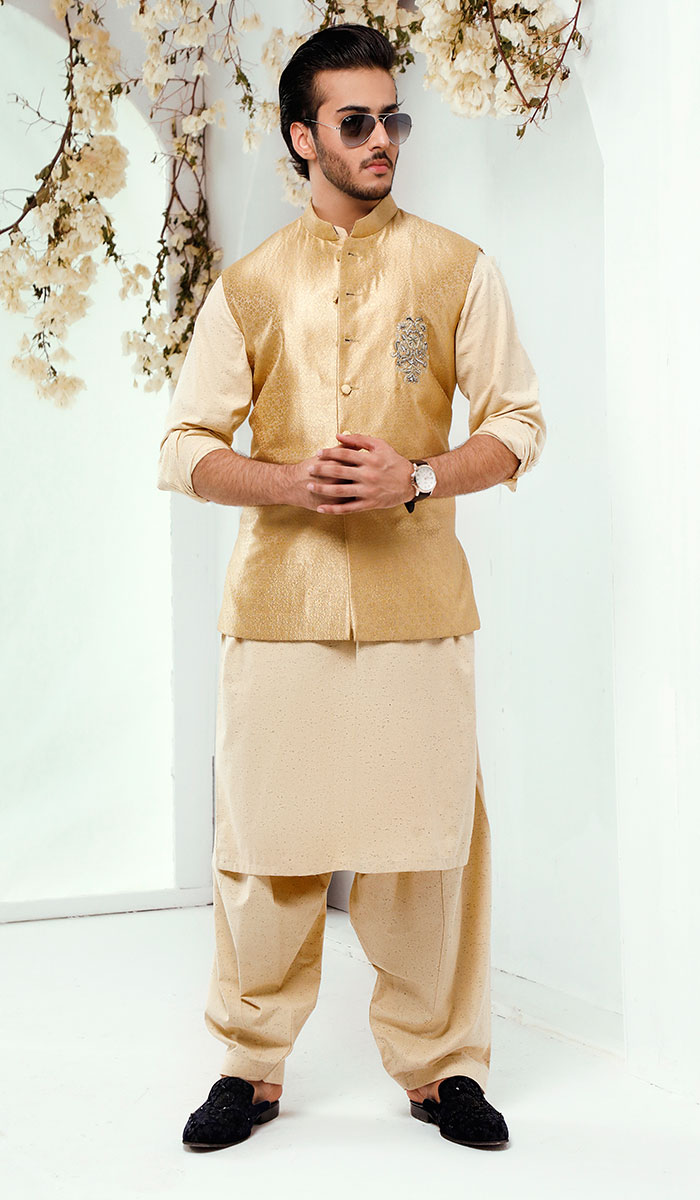 Tuscan Gold Embroidered Silk-Blend Waistcoat Kurta (3-Piece) - Image 1