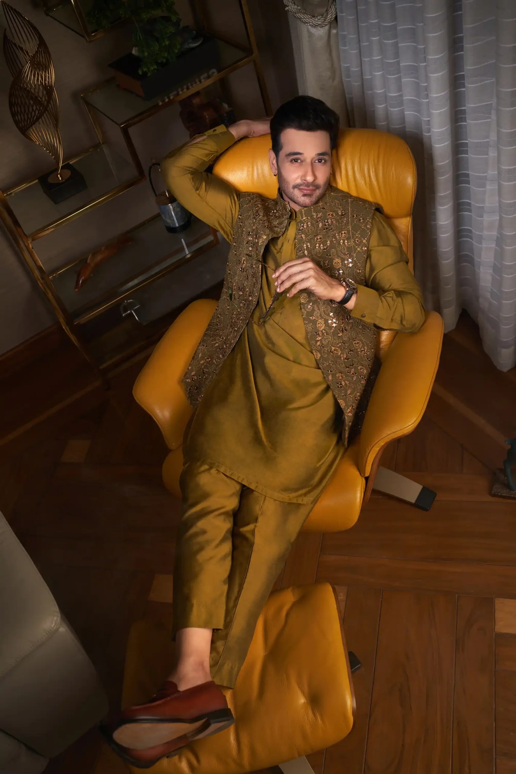 Dijon Gold Mirror Work Silk-Blend Waistcoat Kurta (3-Piece) - Image 1