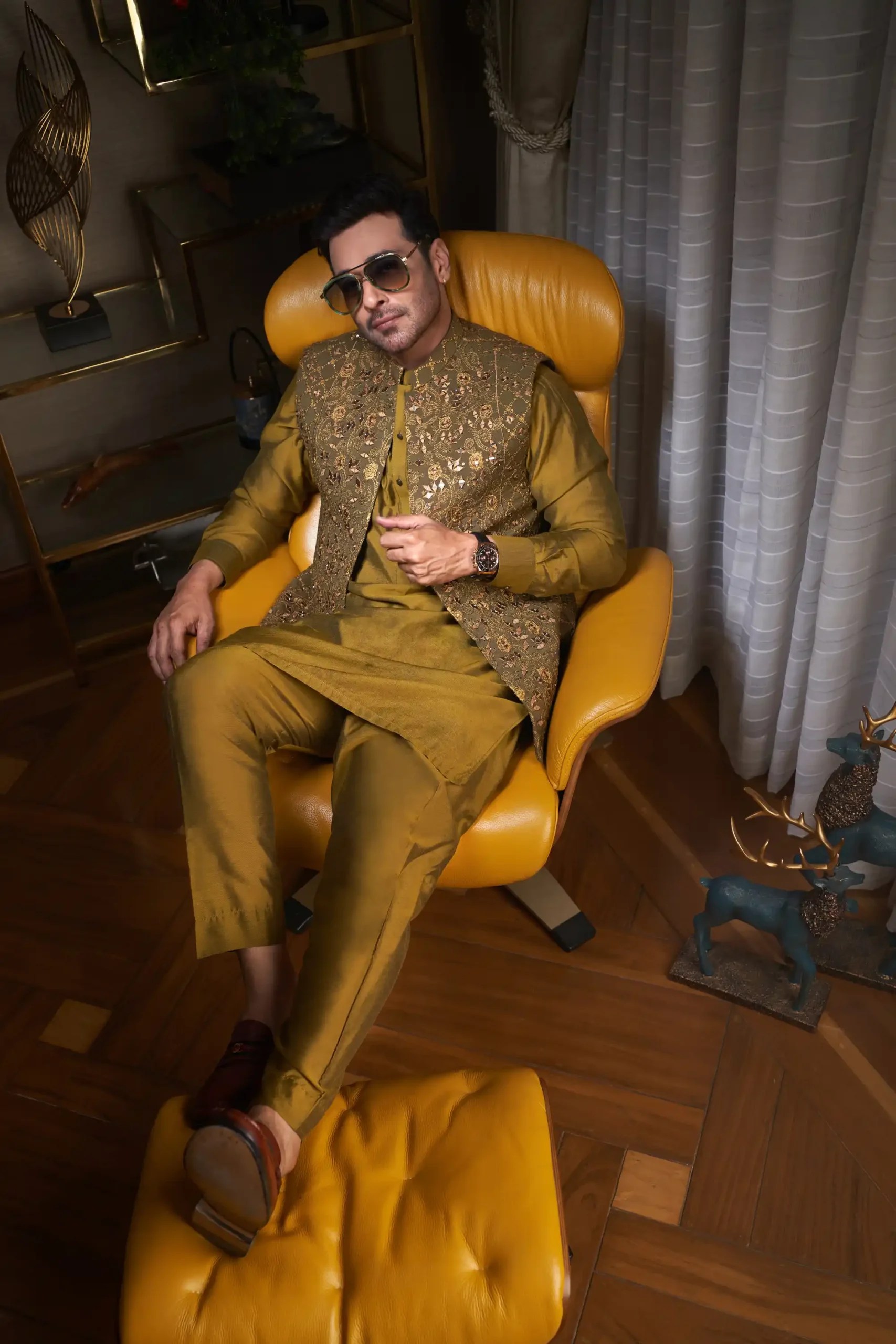 Dijon Gold Mirror Work Silk-Blend Waistcoat Kurta (3-Piece) - Image 2