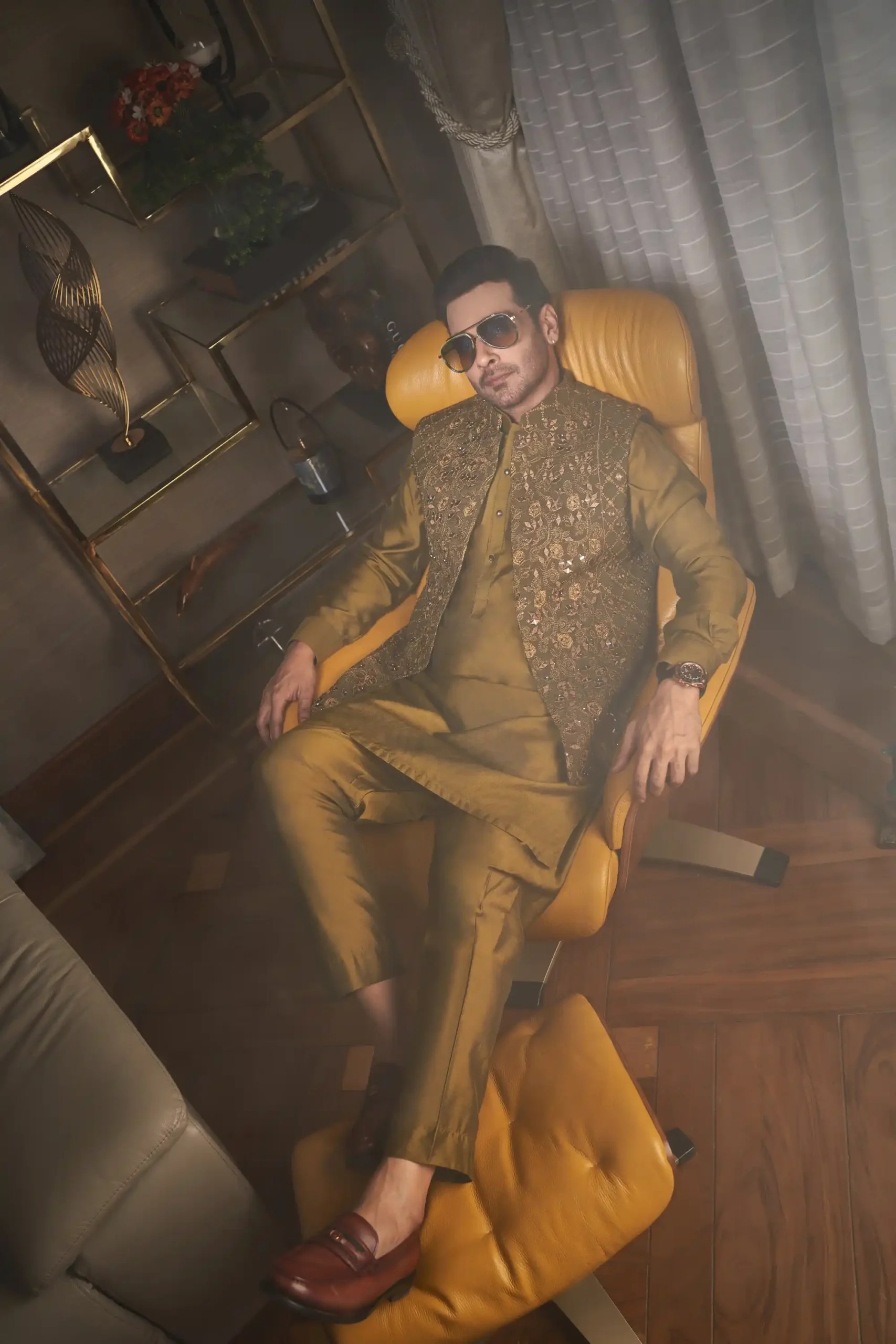 Dijon Gold Mirror Work Silk-Blend Waistcoat Kurta (3-Piece) - Image 3