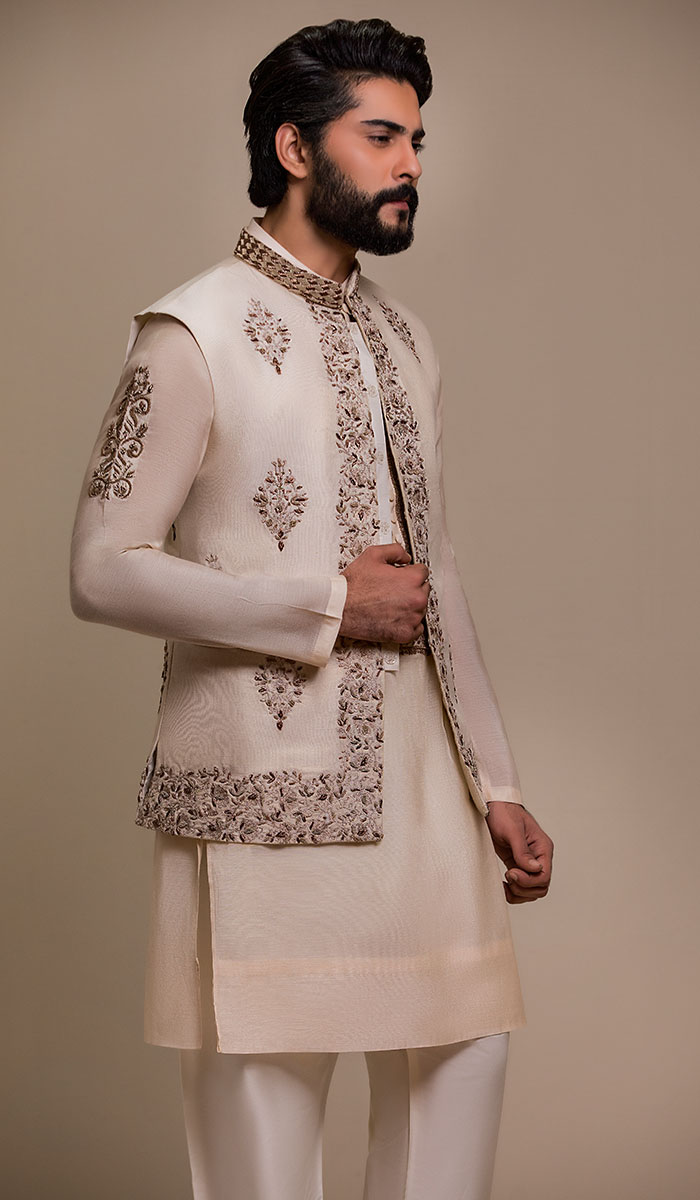 Pale Gold Embroidered Silk-Blend Waistcoat Kurta (3-Piece) - Image 1