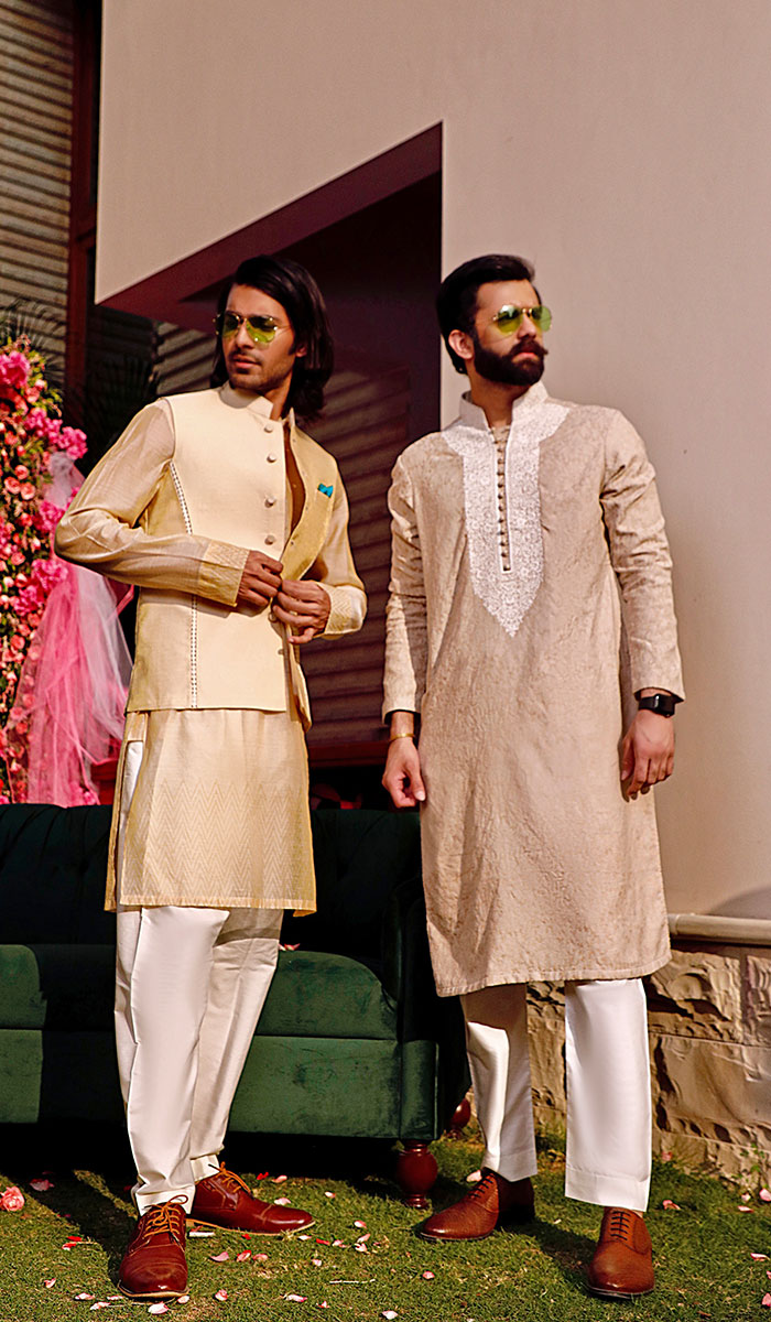 Trombone Gold Embroidered Silk-Blend Waistcoat Kurta (3-Piece) - Image 1