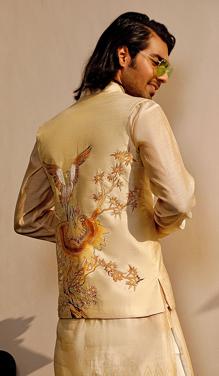 Trombone Gold Embroidered Silk-Blend Waistcoat Kurta (3-Piece) - Image 2