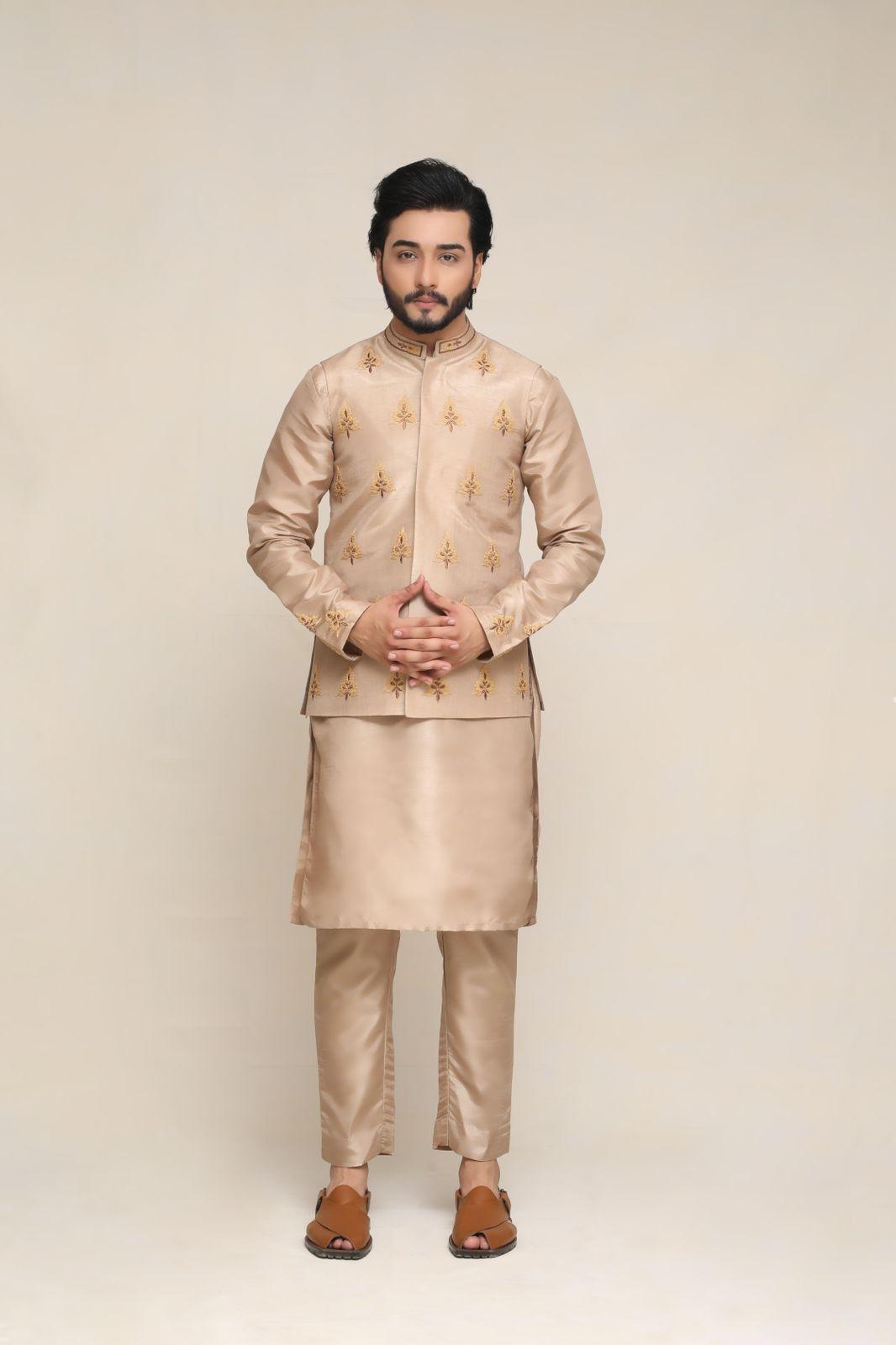 Antique Gold Threadwork Silk-Blend Waistcoat Kurta (3-Piece) - Image 1