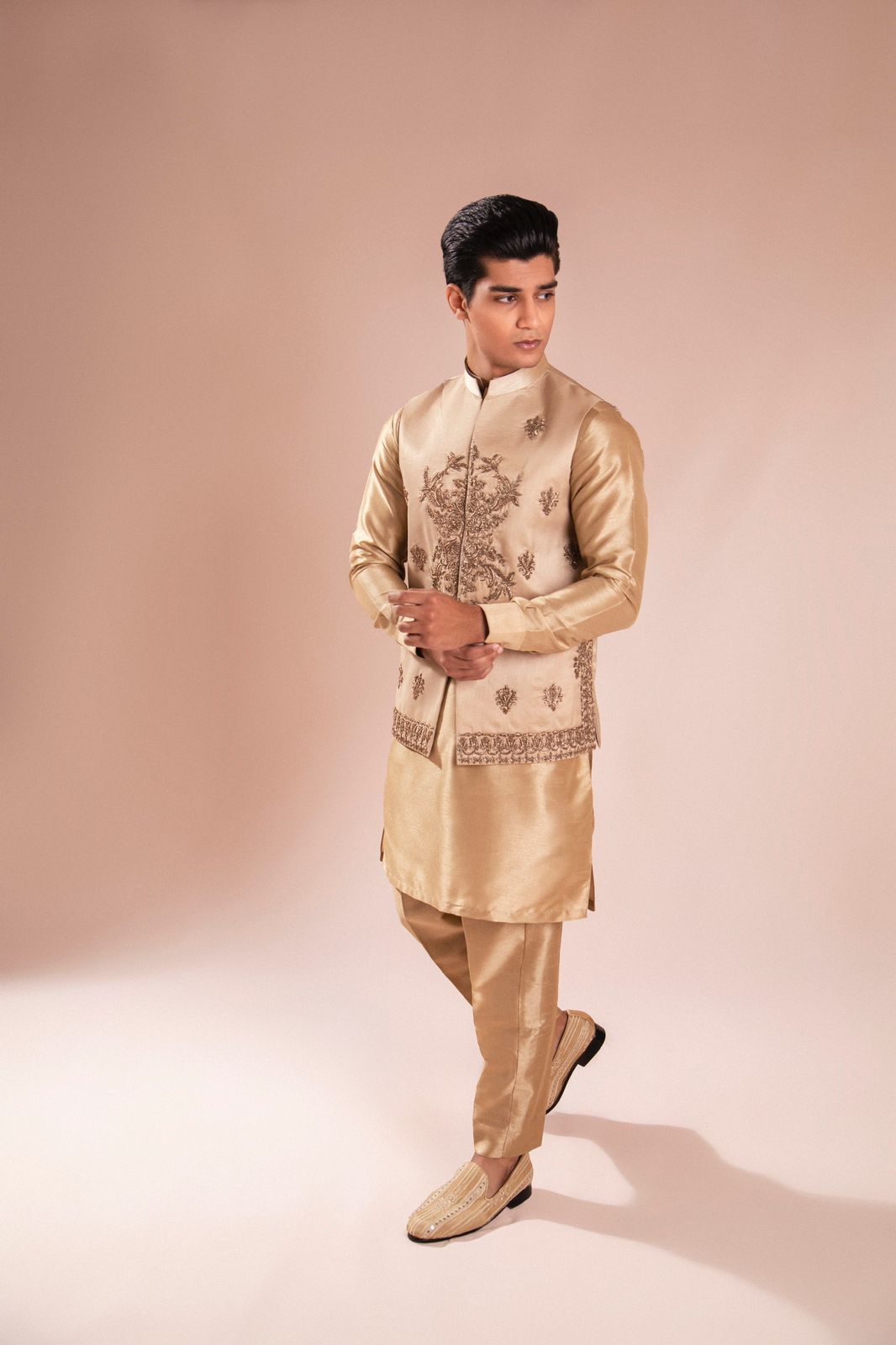 Gold Dapka Naksi Embroidered Silk Waistcoat Kurta (3-Piece) - Image 1