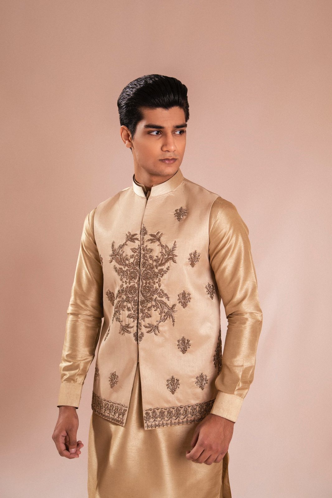 Gold Dapka Naksi Embroidered Silk Waistcoat Kurta (3-Piece) - Image 2