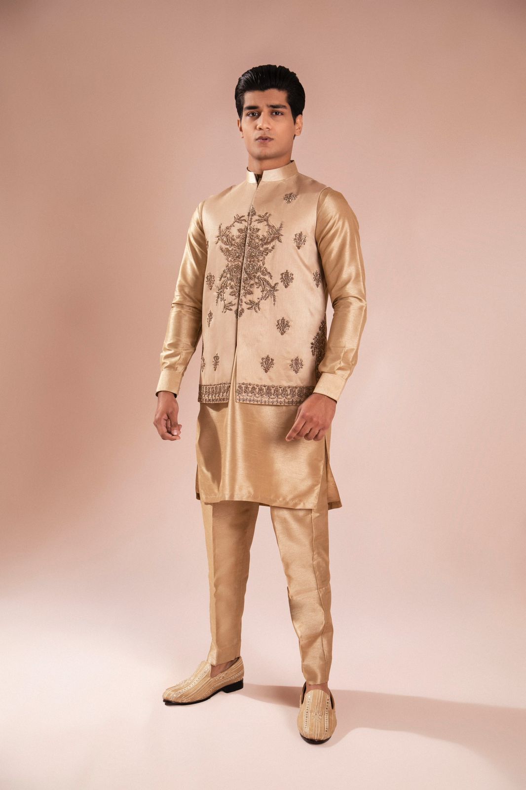 Gold Dapka Naksi Embroidered Silk Waistcoat Kurta (3-Piece) - Image 5
