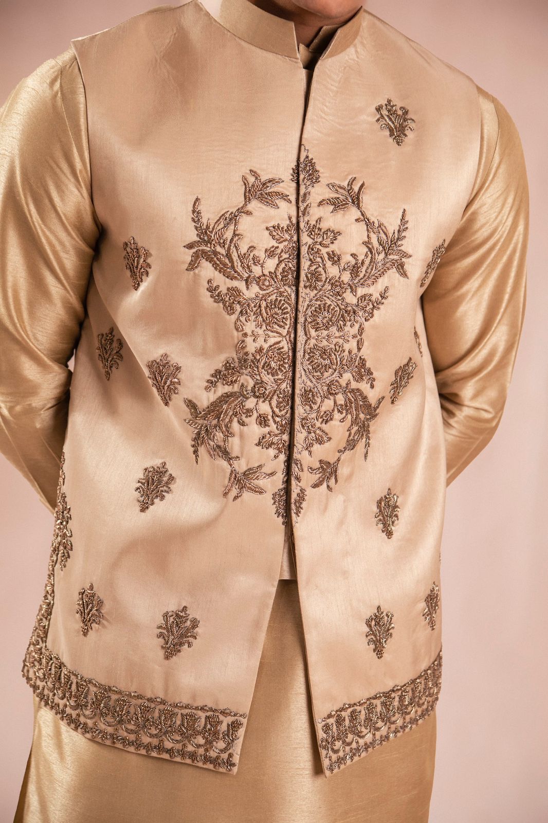 Gold Dapka Naksi Embroidered Silk Waistcoat Kurta (3-Piece) - Image 3
