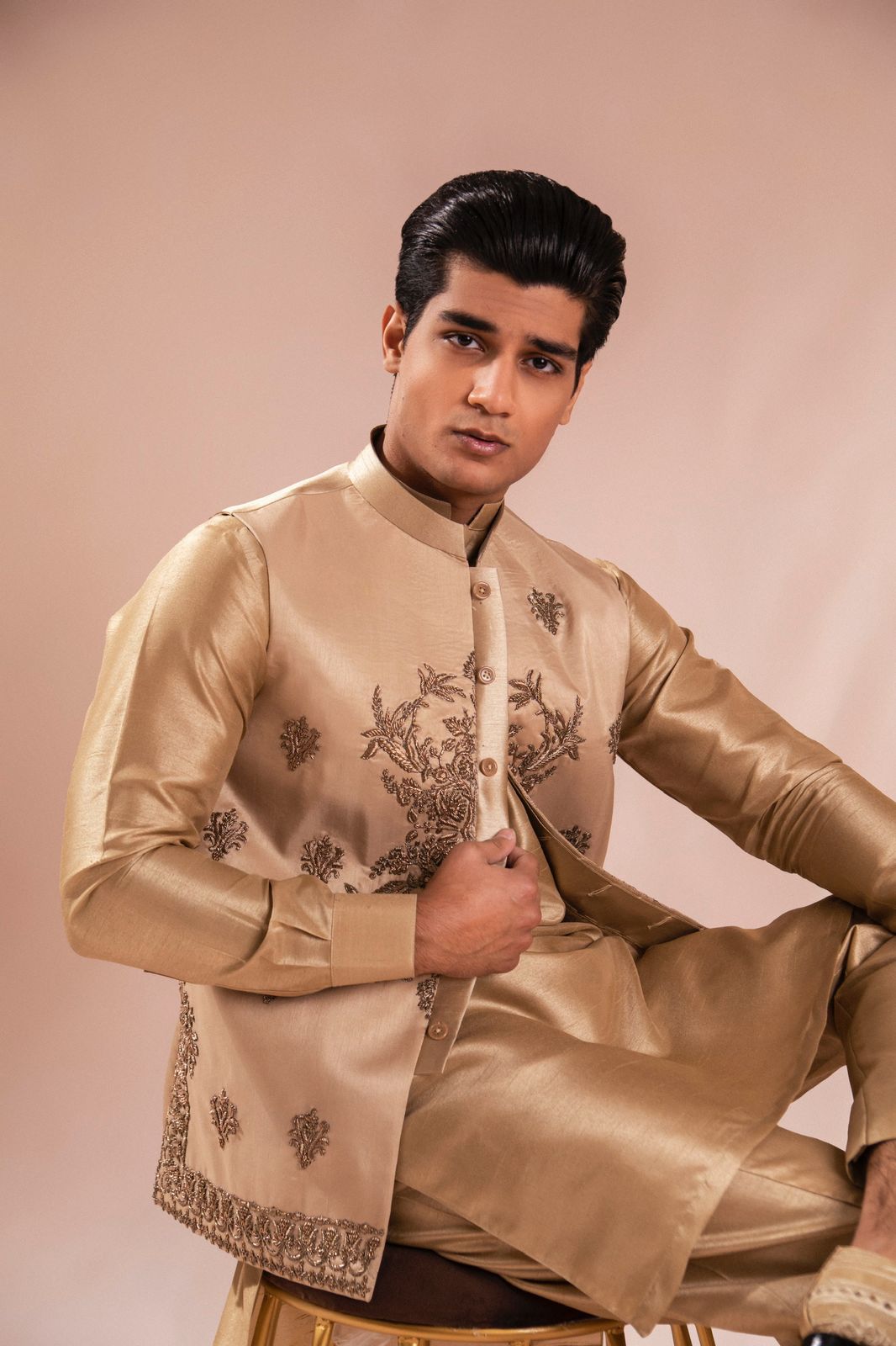 Gold Dapka Naksi Embroidered Silk Waistcoat Kurta (3-Piece) - Image 6
