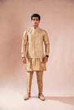 Gold Embroidered Silk Waistcoat Kurta Set (3-Piece) - Image 3