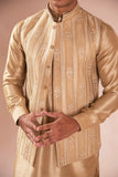 Gold Embroidered Silk Waistcoat Kurta Set (3-Piece) - Image 7