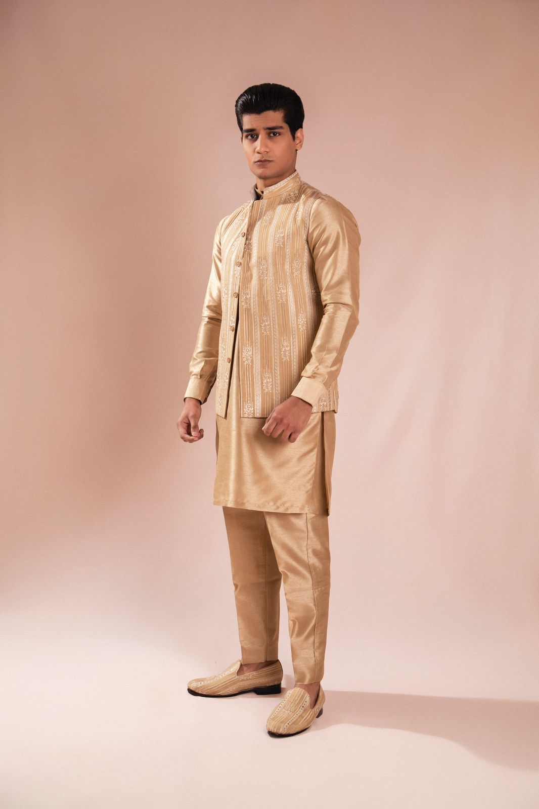 Gold Thread Embroidered Silk Waistcoat Kurta (3-Piece) - Image 1