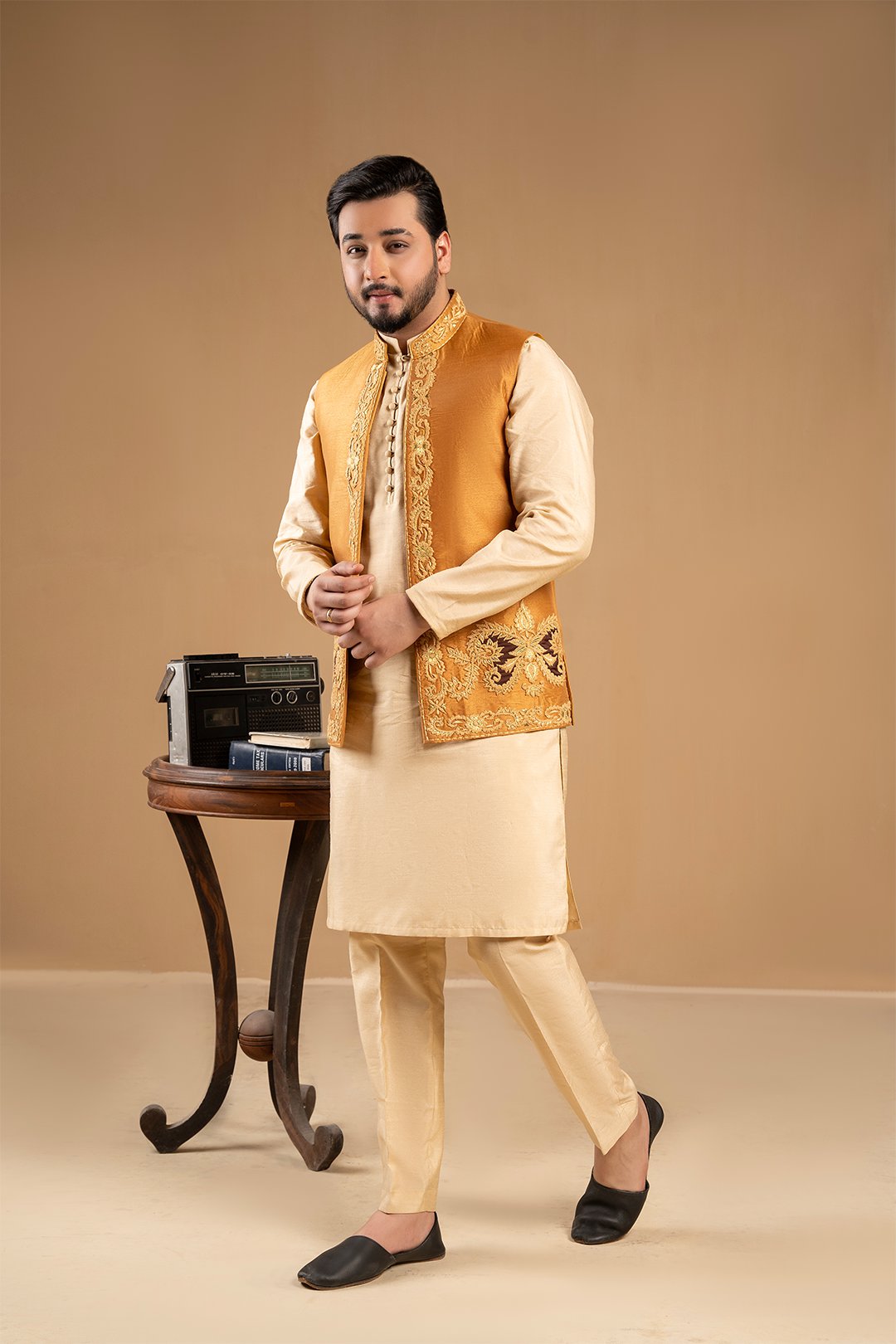 Golden Brown Thread-Embroidered Silk Waistcoat Kurta (3-Piece) - Image 1