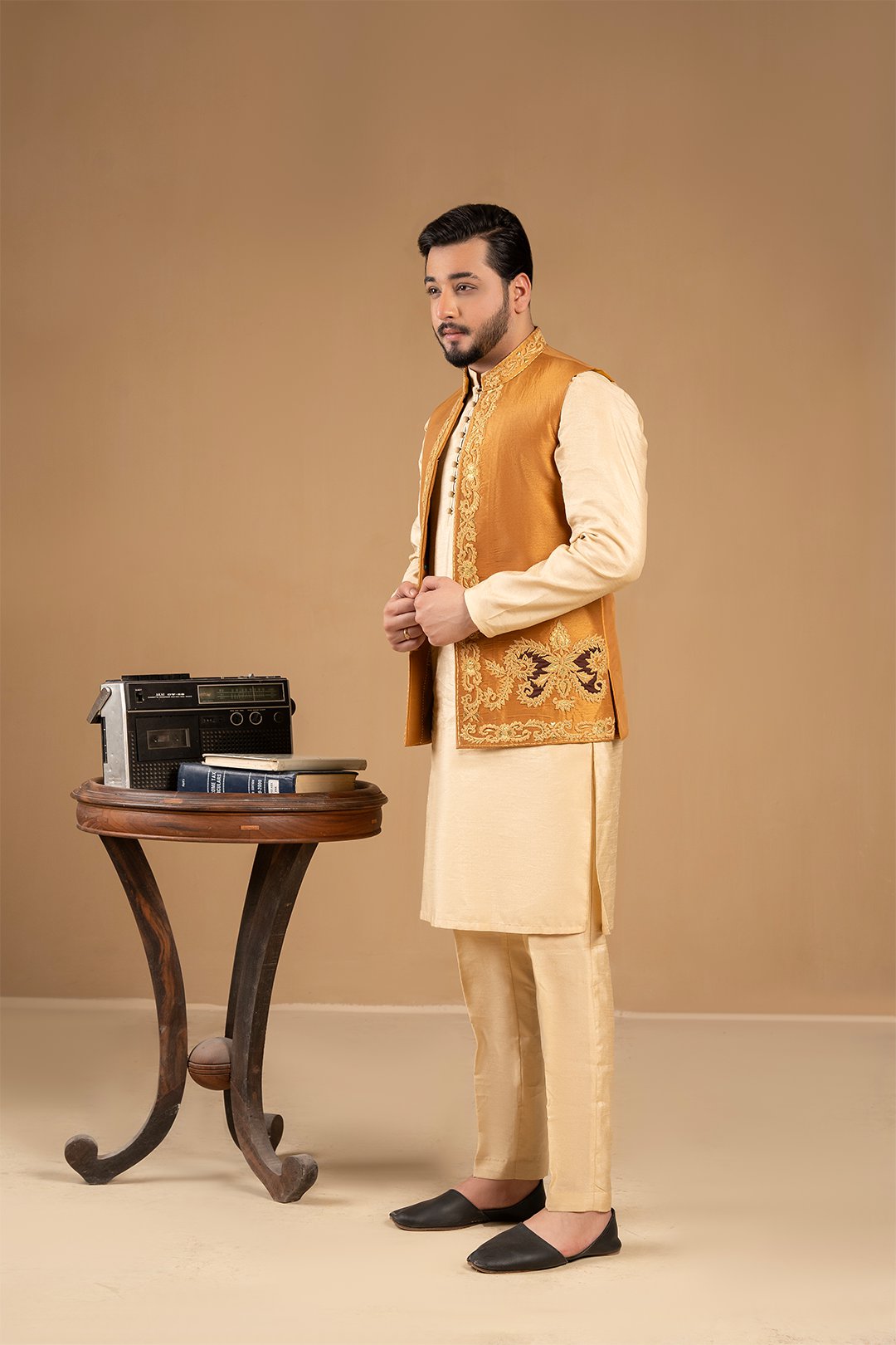 Golden Brown Thread-Embroidered Silk Waistcoat Kurta (3-Piece) - Image 4