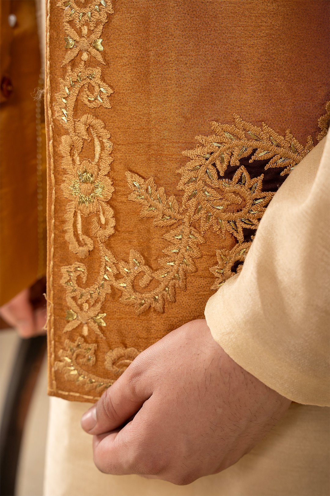 Golden Brown Thread-Embroidered Silk Waistcoat Kurta (3-Piece) - Image 3