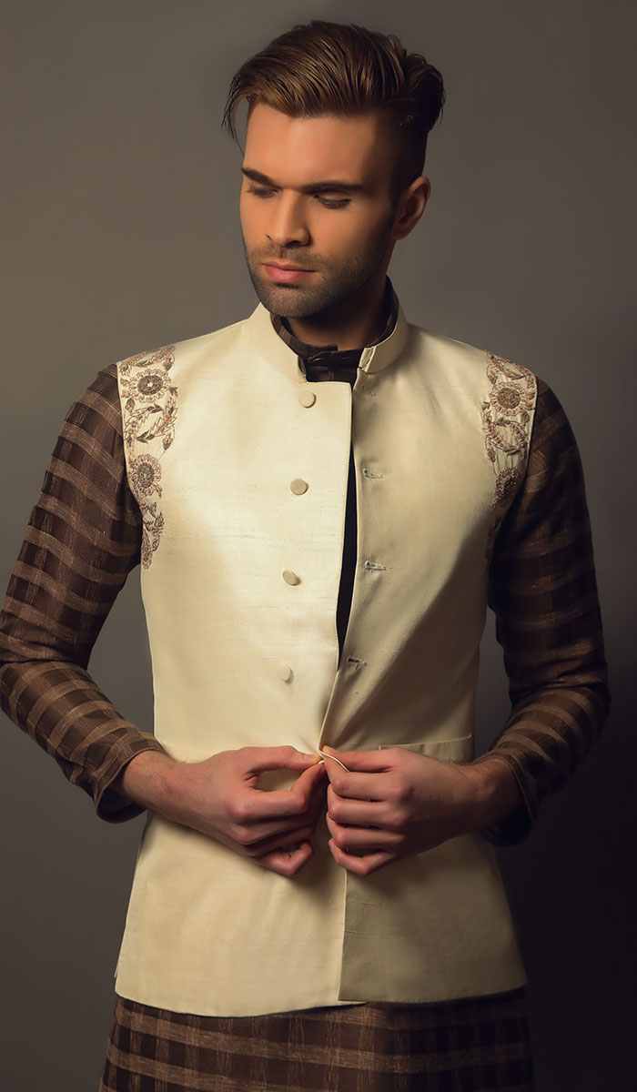 Tan Gold Embroidered Silk-Blend Waistcoat (1-Pc) - Image 1