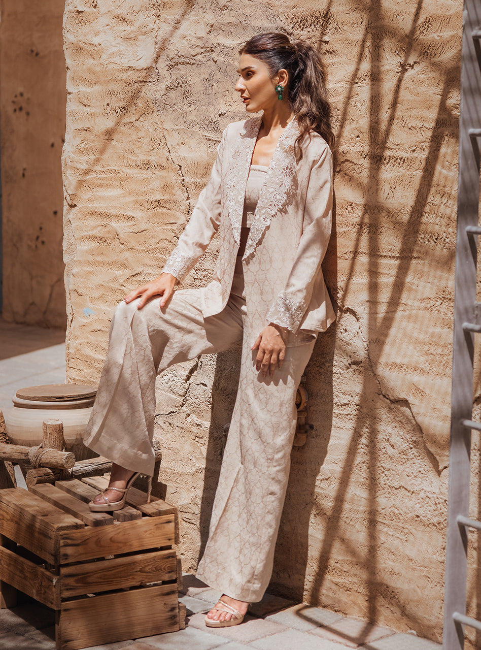 Pakistani Gold Lace Embroidered Jacquard Viscose Coat & Pants (3-Piece) - Image 5