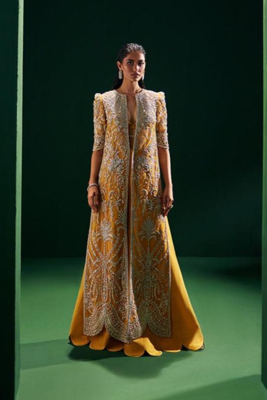 Tuscany Saffron Embroidered Net Jacket & Raw Silk Trousers (2-Piece) - Image 1