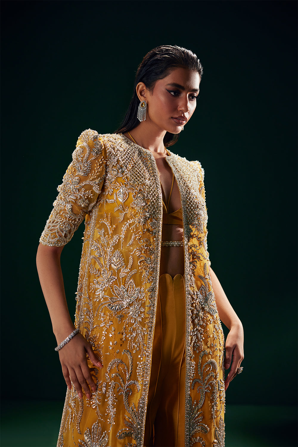 Tuscany Saffron Embroidered Net Jacket & Raw Silk Trousers (2-Piece) - Image 2