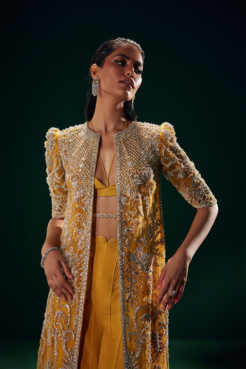 Tuscany Saffron Embroidered Net Jacket & Raw Silk Trousers (2-Piece) - Image 4