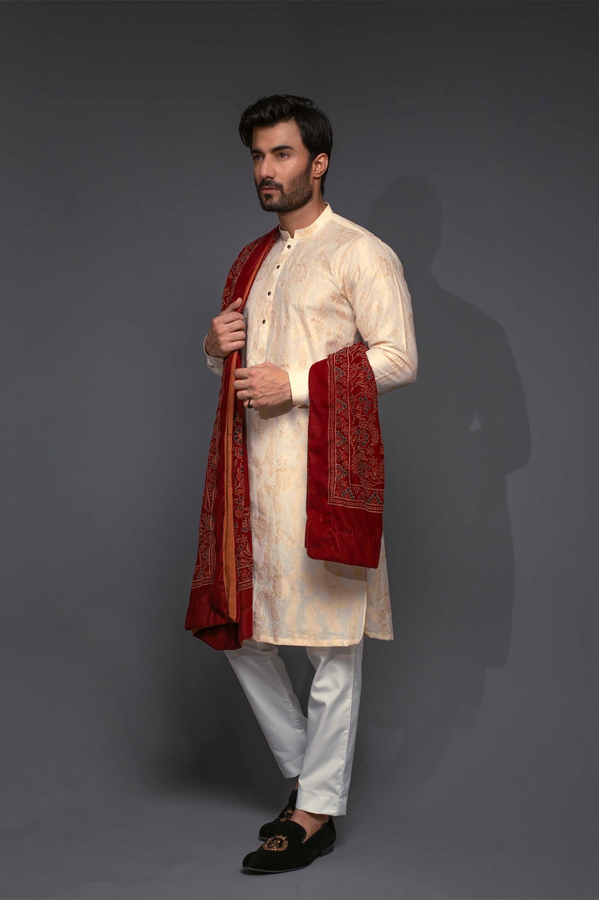 Gold Banarsi Silk-Blend Kurta with White Trousers (3-Piece) - Image 1
