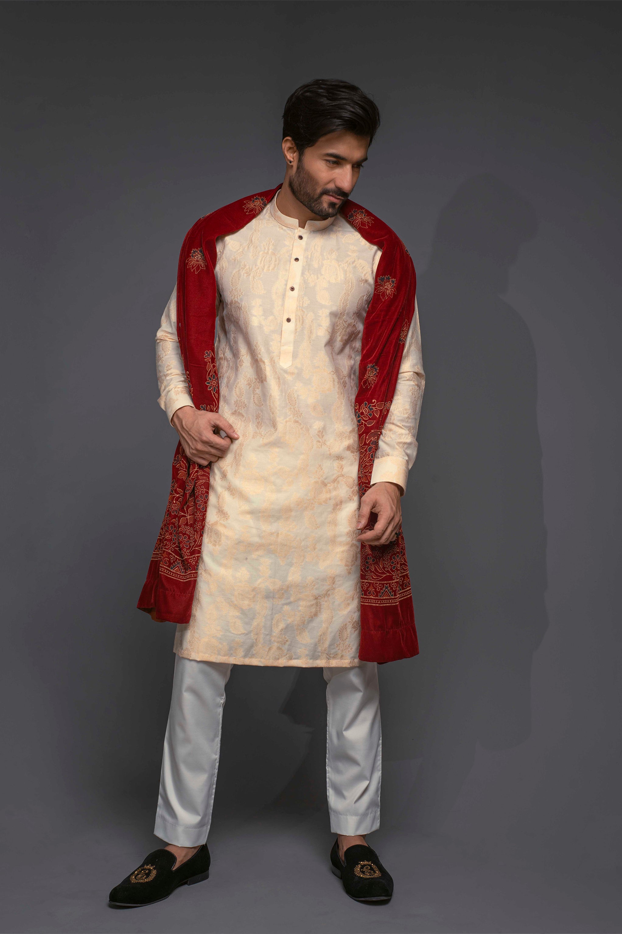 Gold Banarsi Silk-Blend Kurta with White Trousers (3-Piece) - Image 3