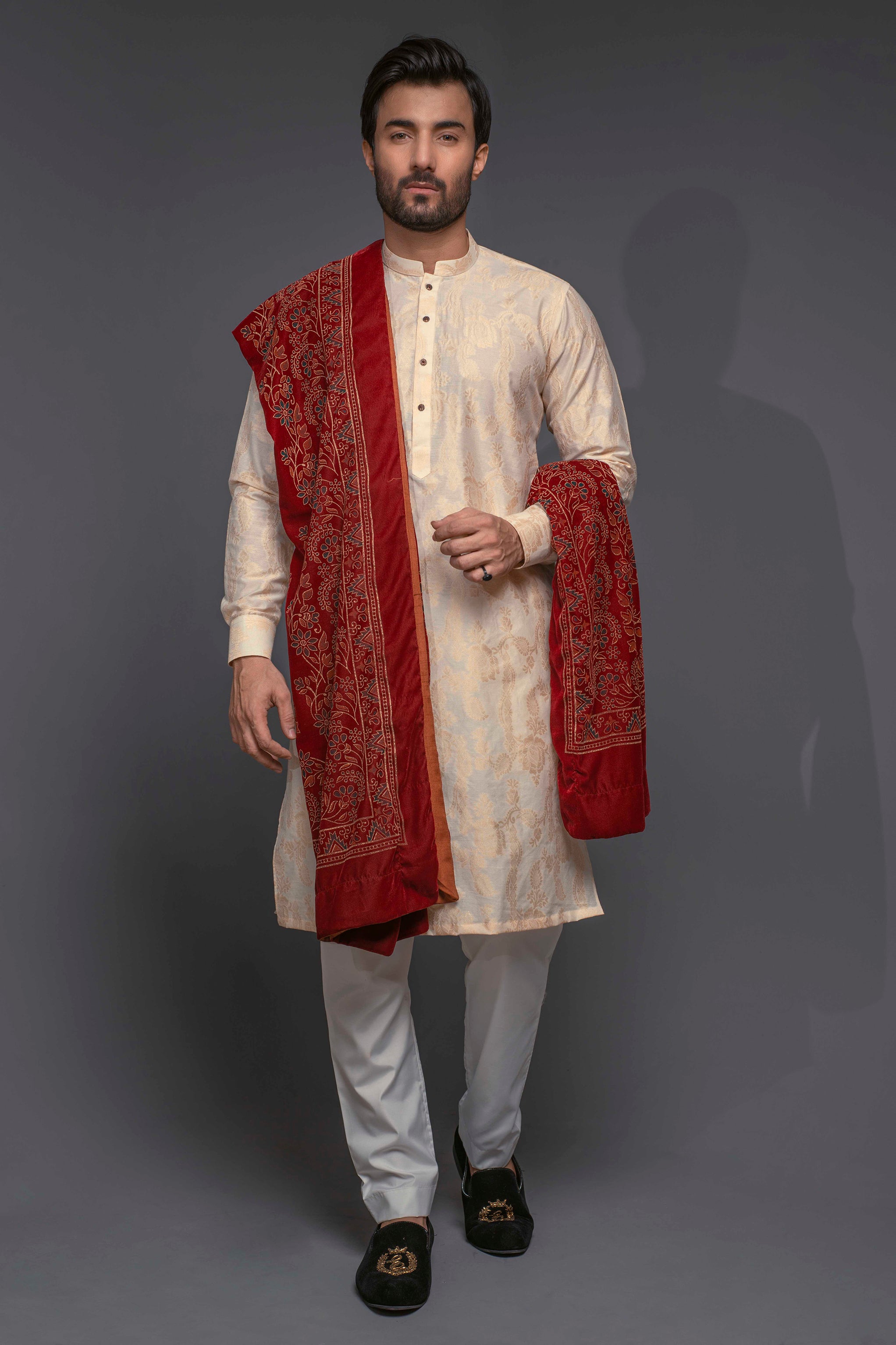 Gold Banarsi Silk-Blend Kurta with White Trousers (3-Piece) - Image 4