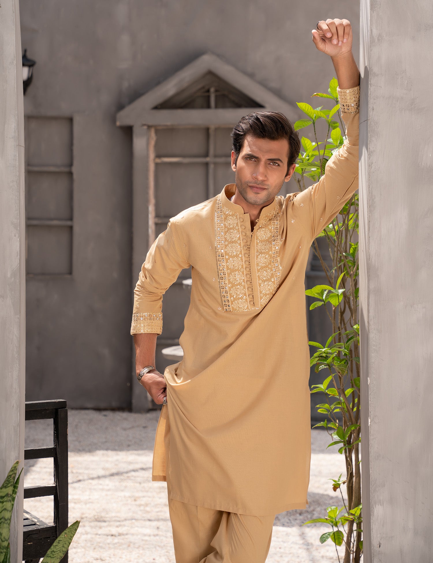 Gold Embroidered Cotton Kurta Trouser Set (2-Piece) - Image 3