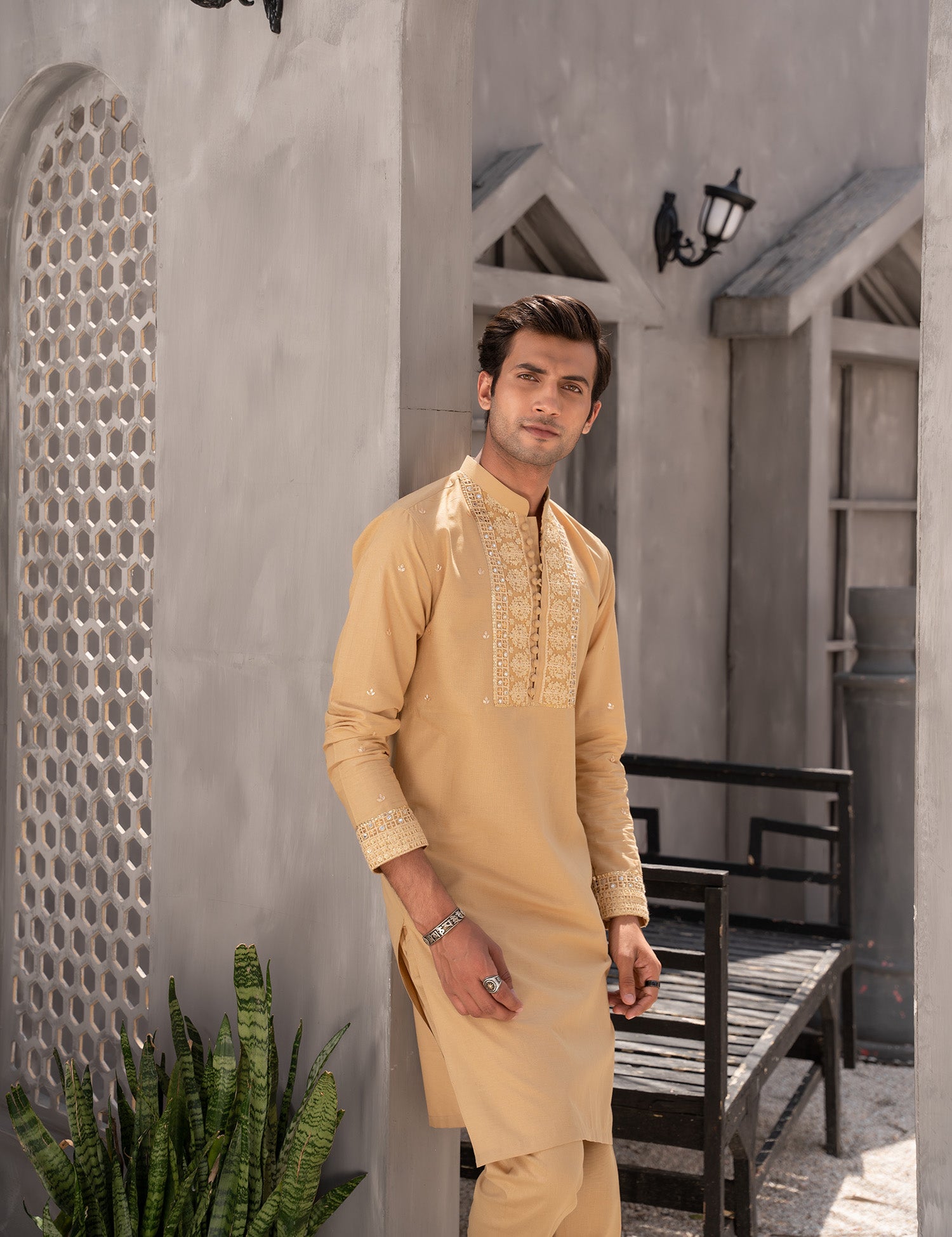 Gold Embroidered Cotton Kurta Trouser Set (2-Piece) - Image 5