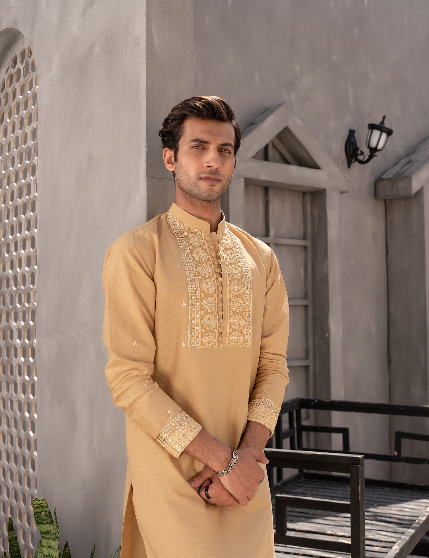 Gold Embroidered Cotton Kurta Trouser Set (2-Piece) - Image 6