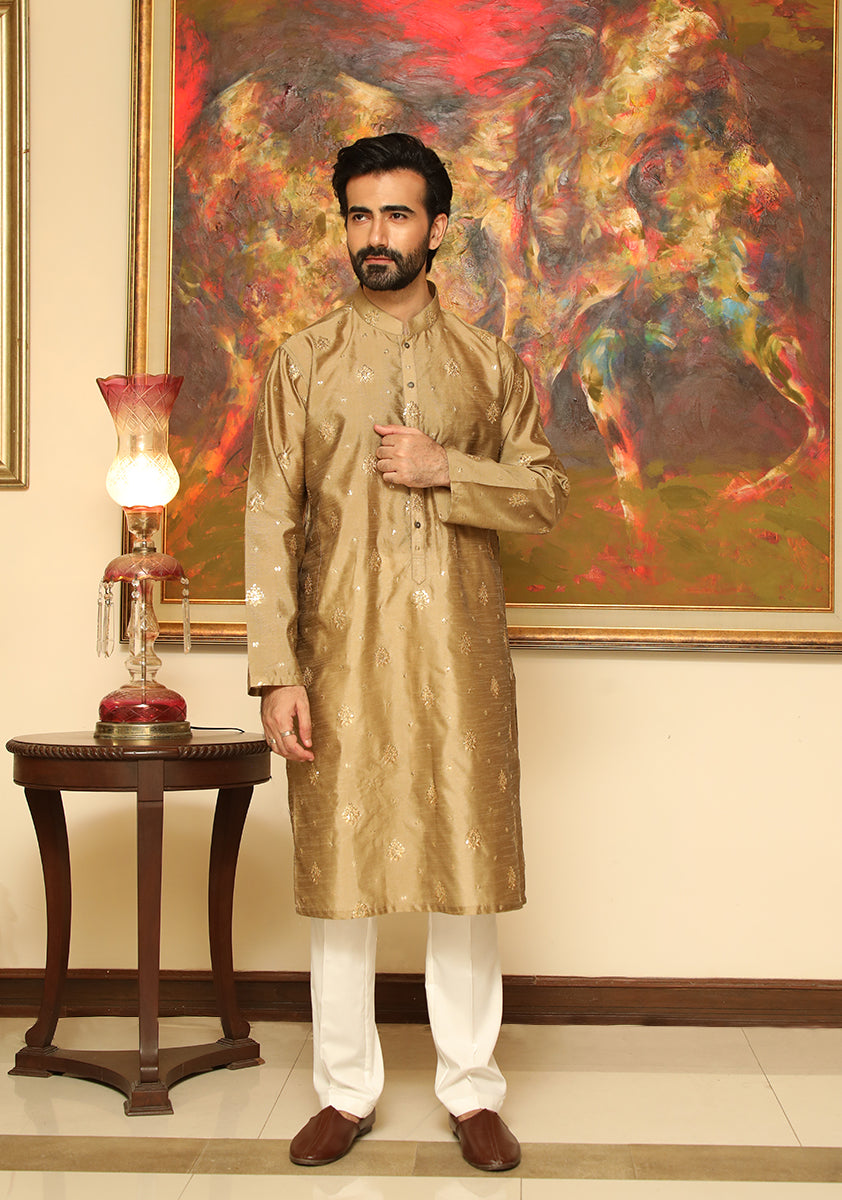 Gold Jacquard Embroidered Kurta Set (2-Piece) - Image 1