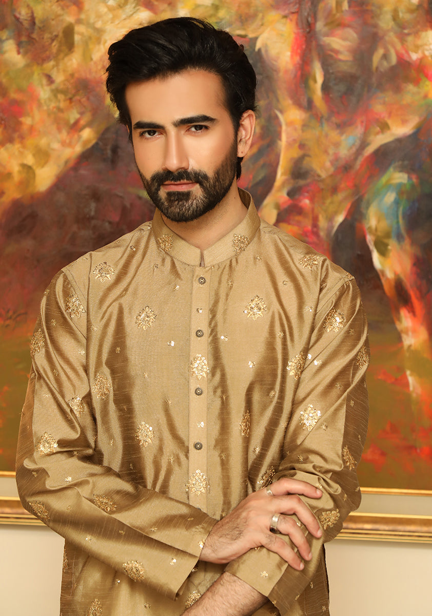Gold Jacquard Embroidered Kurta Set (2-Piece) - Image 3