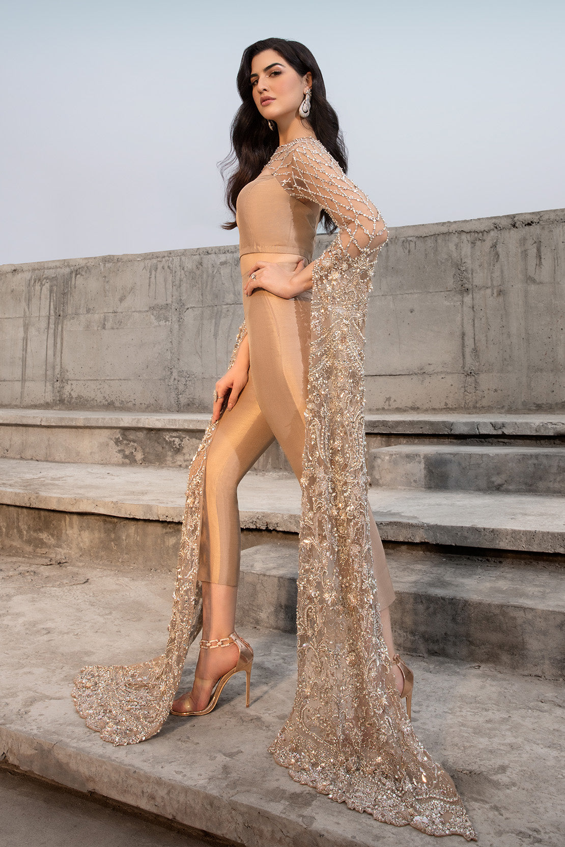 Pakistani Champagne Embellished Raw Silk 2-Piece Set - Image 1