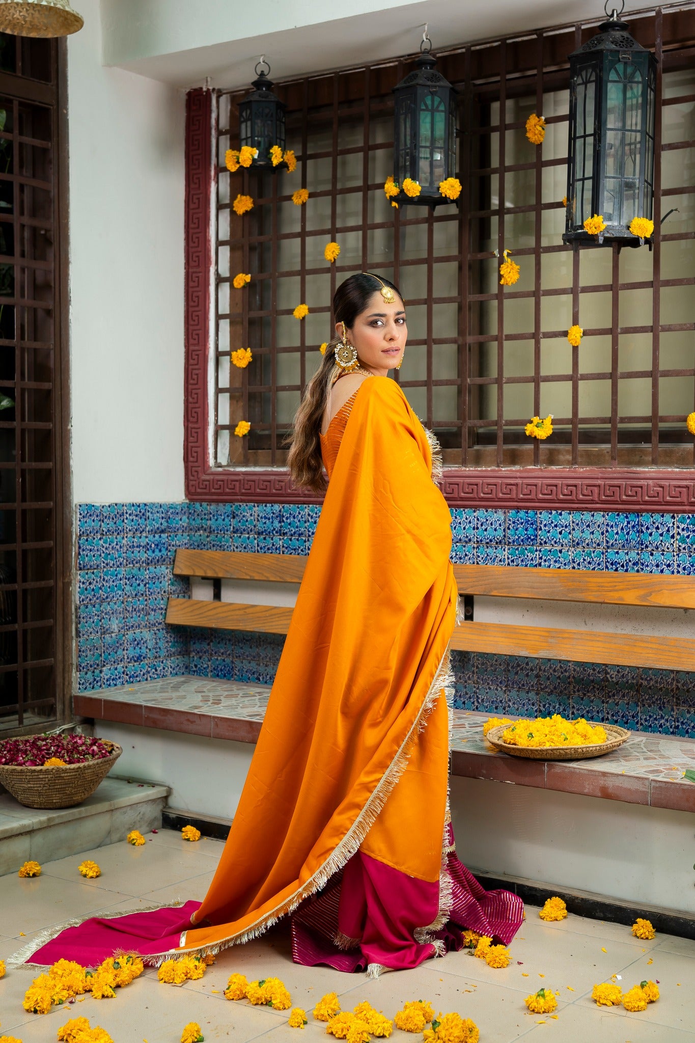 Marigold Zari Embroidered Cotton Silk Gharara (3-Piece) - Image 1