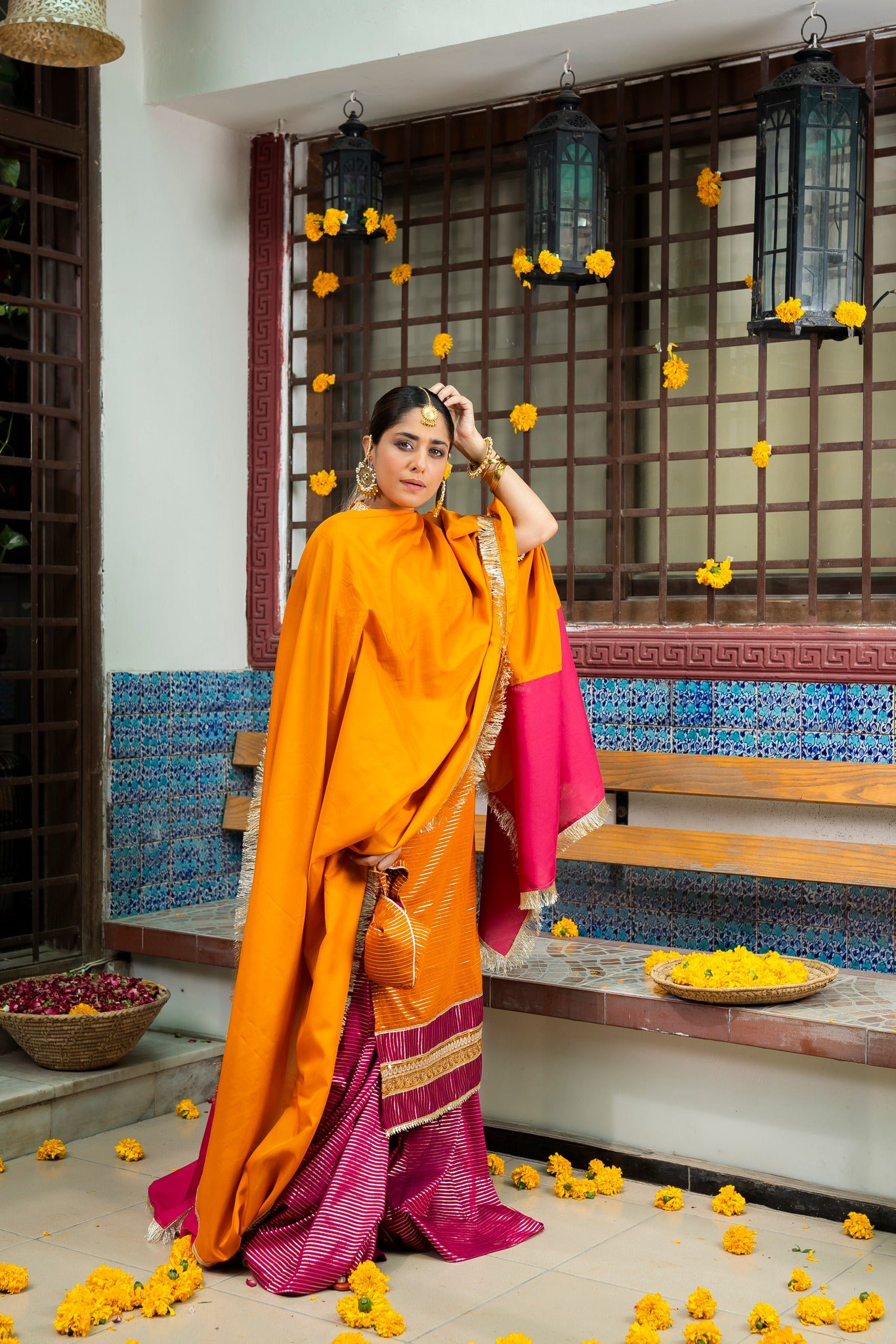 Marigold Zari Embroidered Cotton Silk Gharara (3-Piece) - Image 10