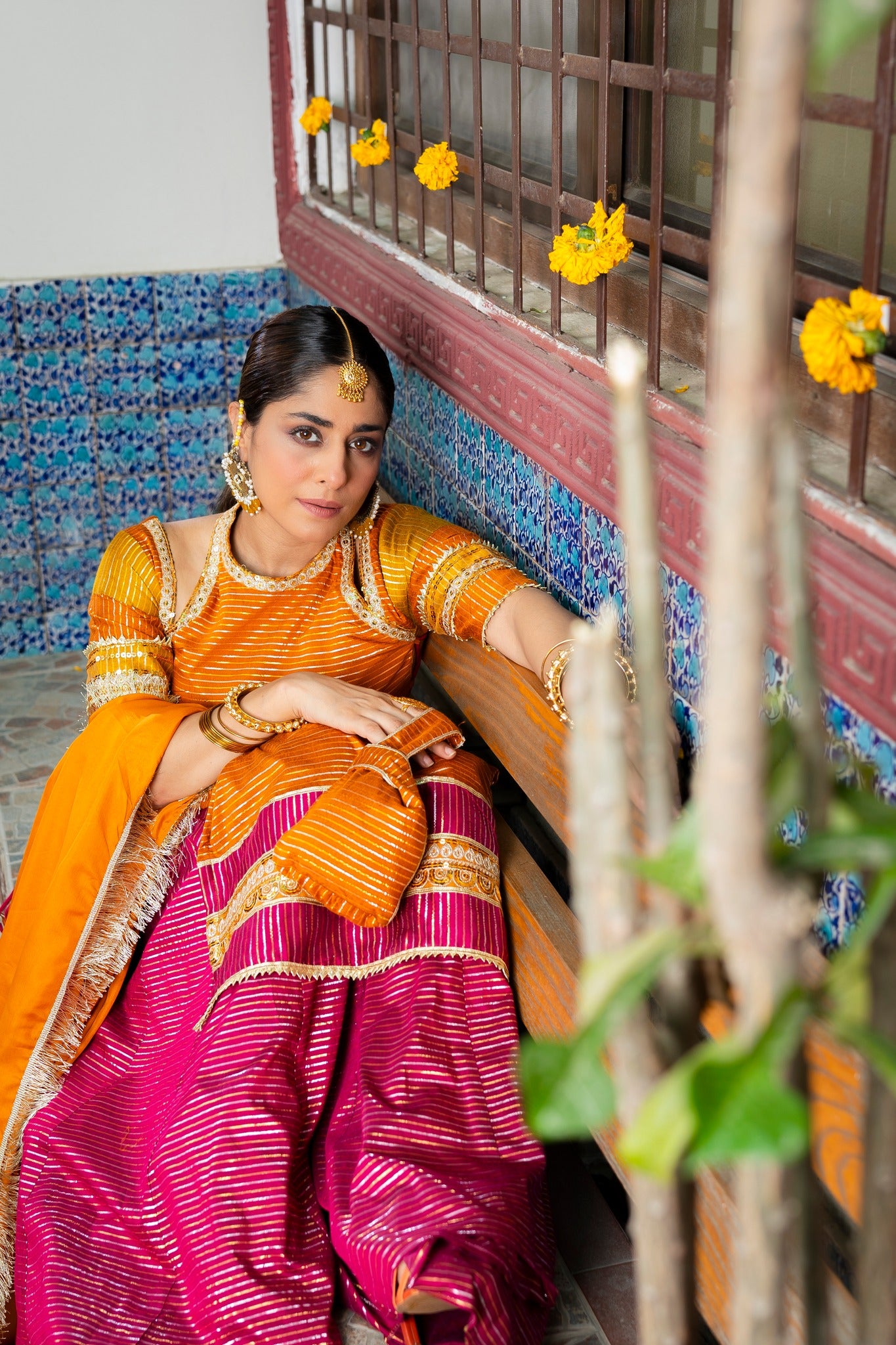 Marigold Zari Embroidered Cotton Silk Gharara (3-Piece) - Image 4