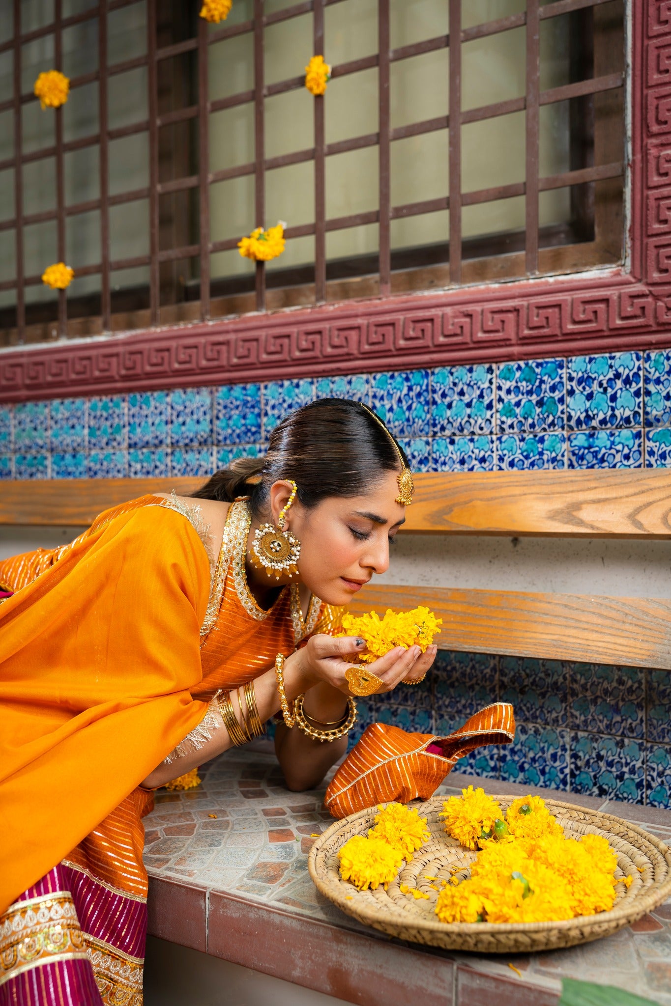 Marigold Zari Embroidered Cotton Silk Gharara (3-Piece) - Image 5