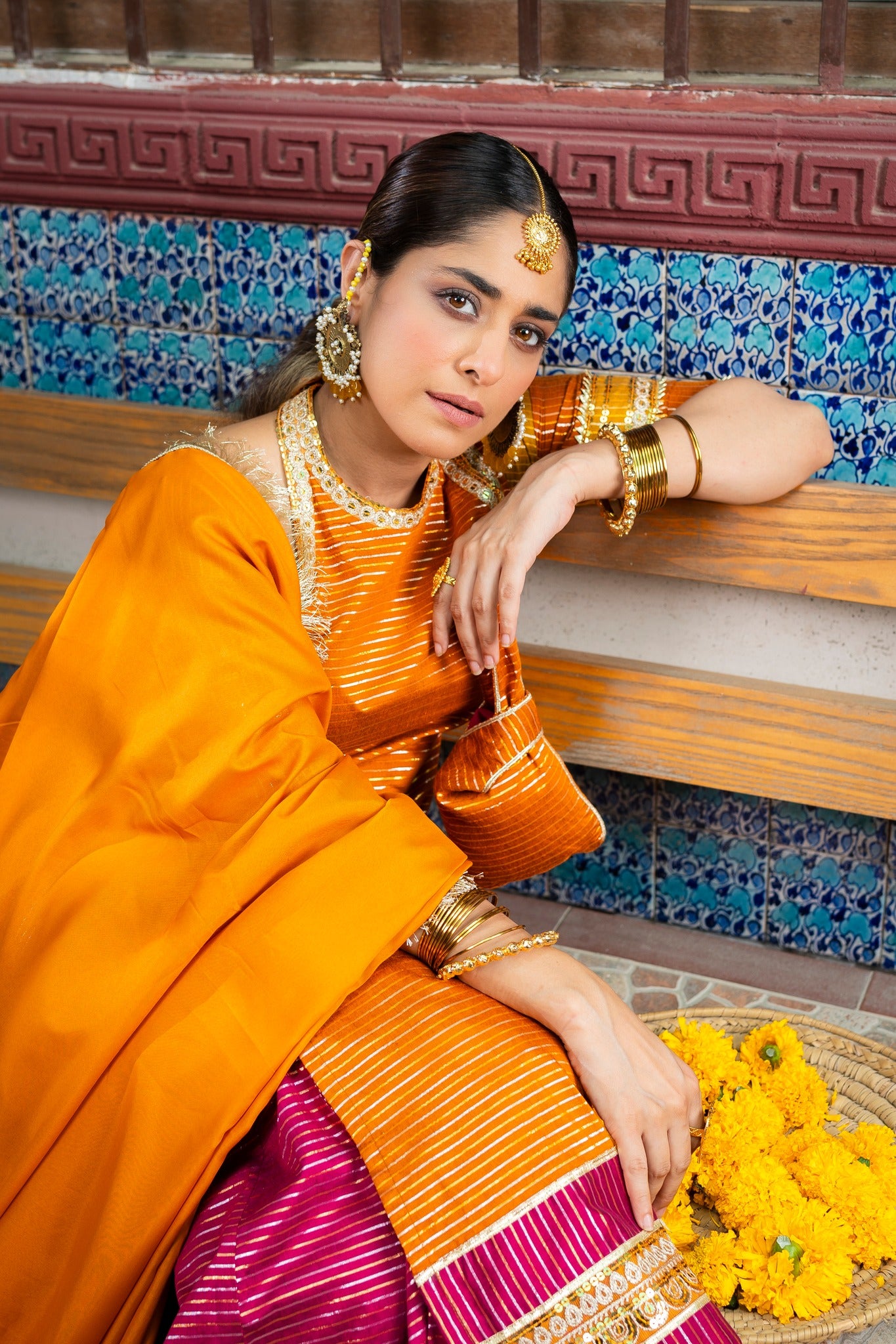 Marigold Zari Embroidered Cotton Silk Gharara (3-Piece) - Image 6