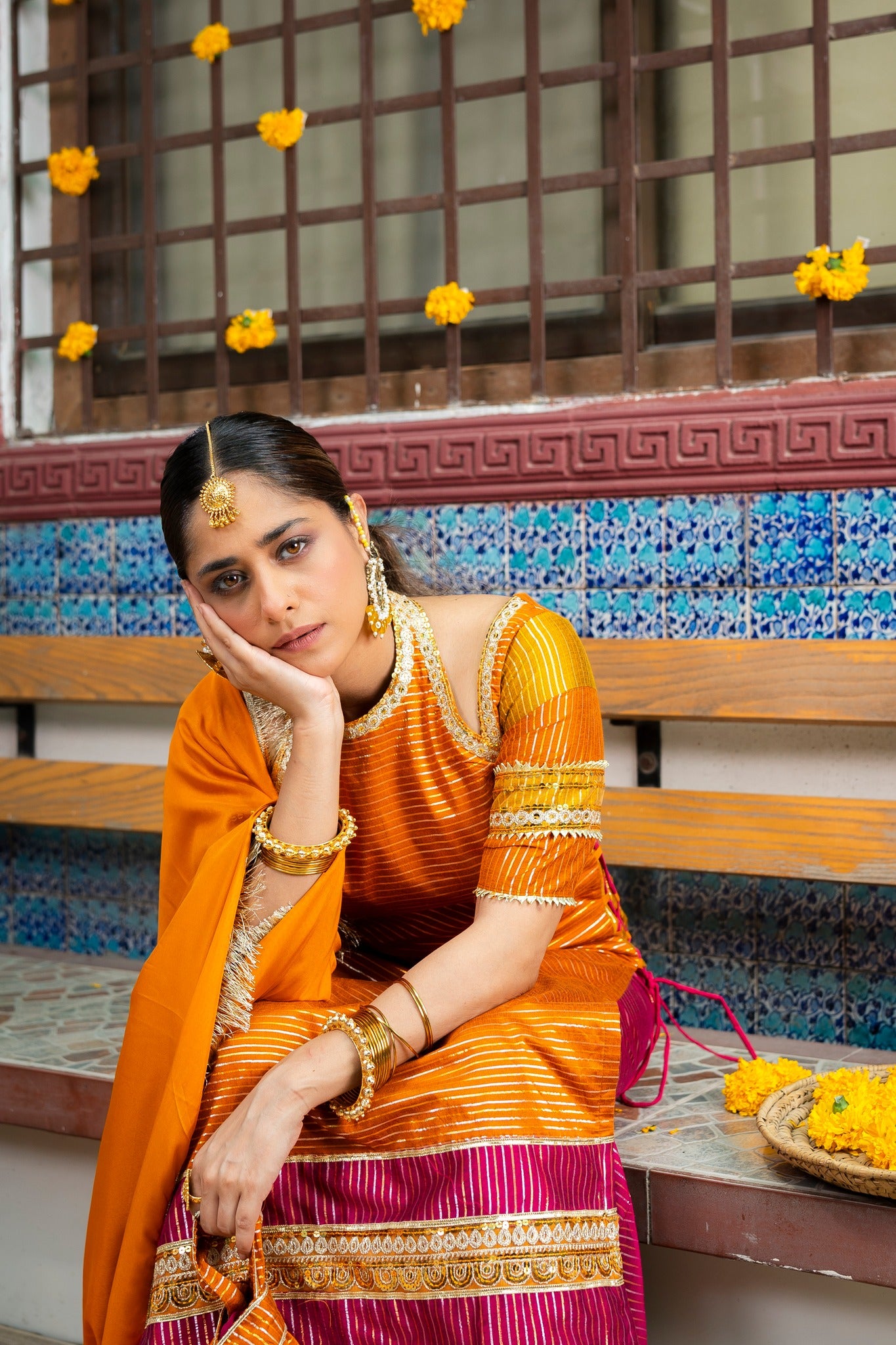 Marigold Zari Embroidered Cotton Silk Gharara (3-Piece) - Image 7