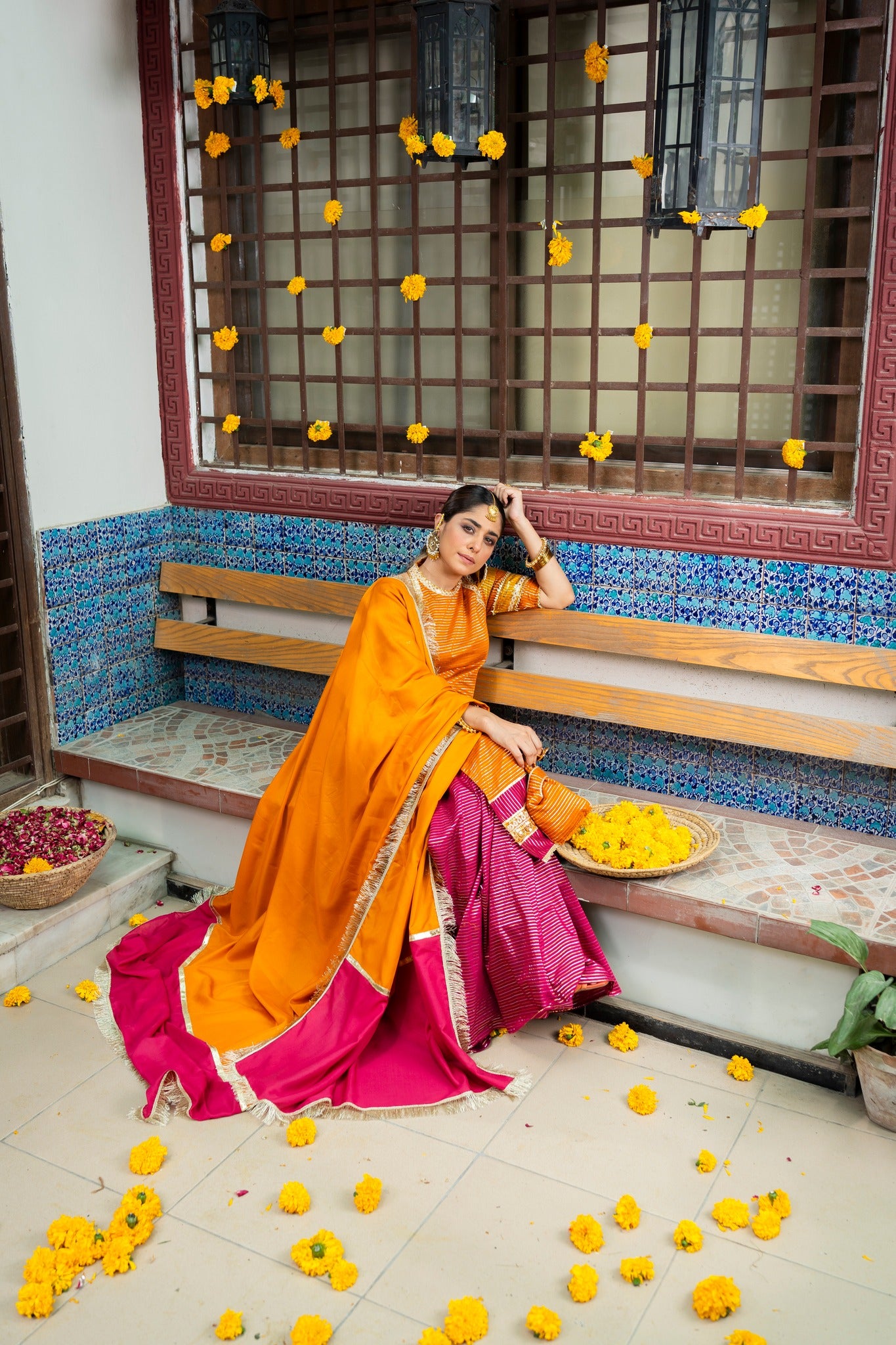 Marigold Zari Embroidered Cotton Silk Gharara (3-Piece) - Image 9