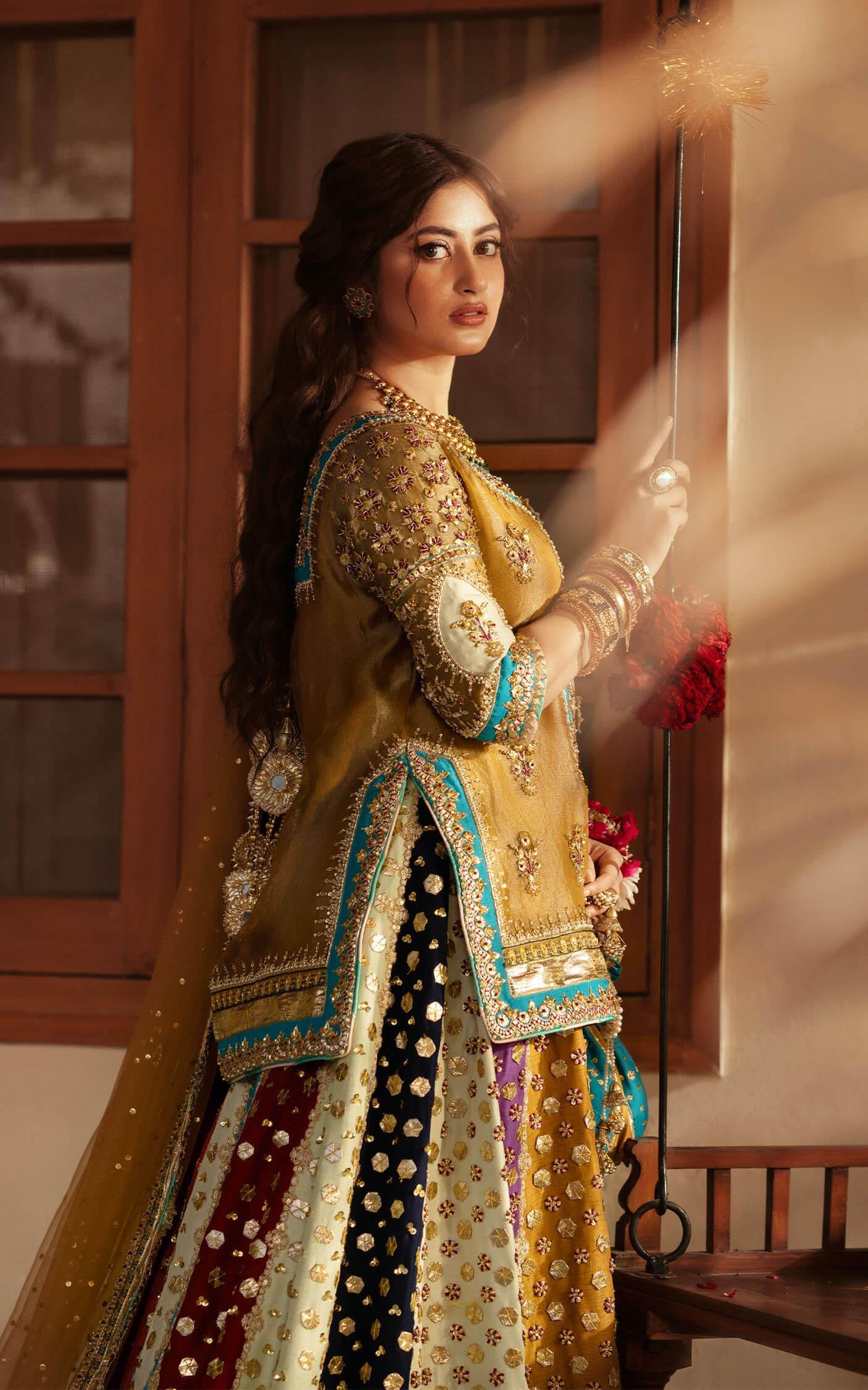 Pakistani Mustard Gold Dabka Embroidered Silk-Like Gharara (3-Piece) - Image 1