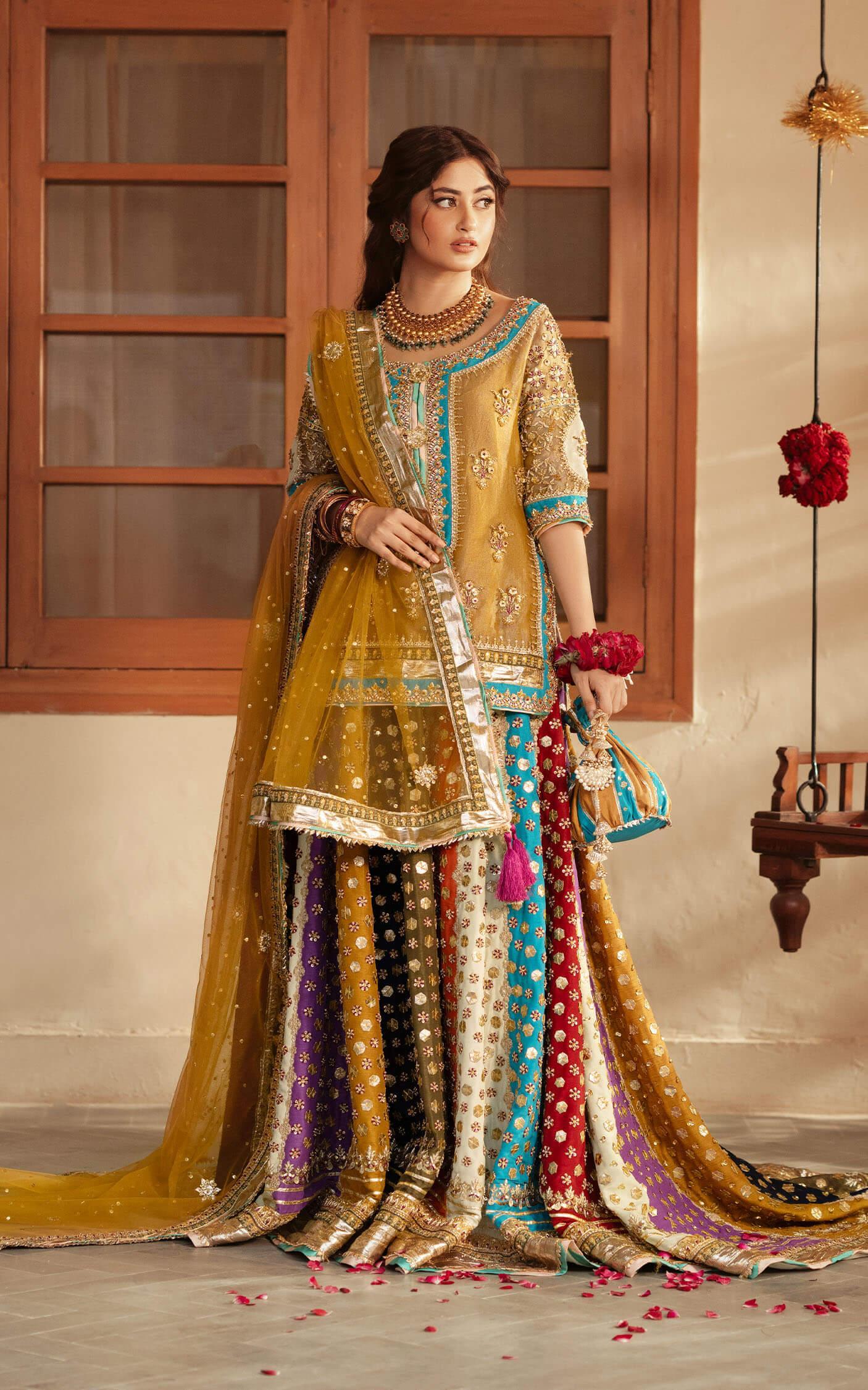 Pakistani Mustard Gold Dabka Embroidered Silk-Like Gharara (3-Piece) - Image 2