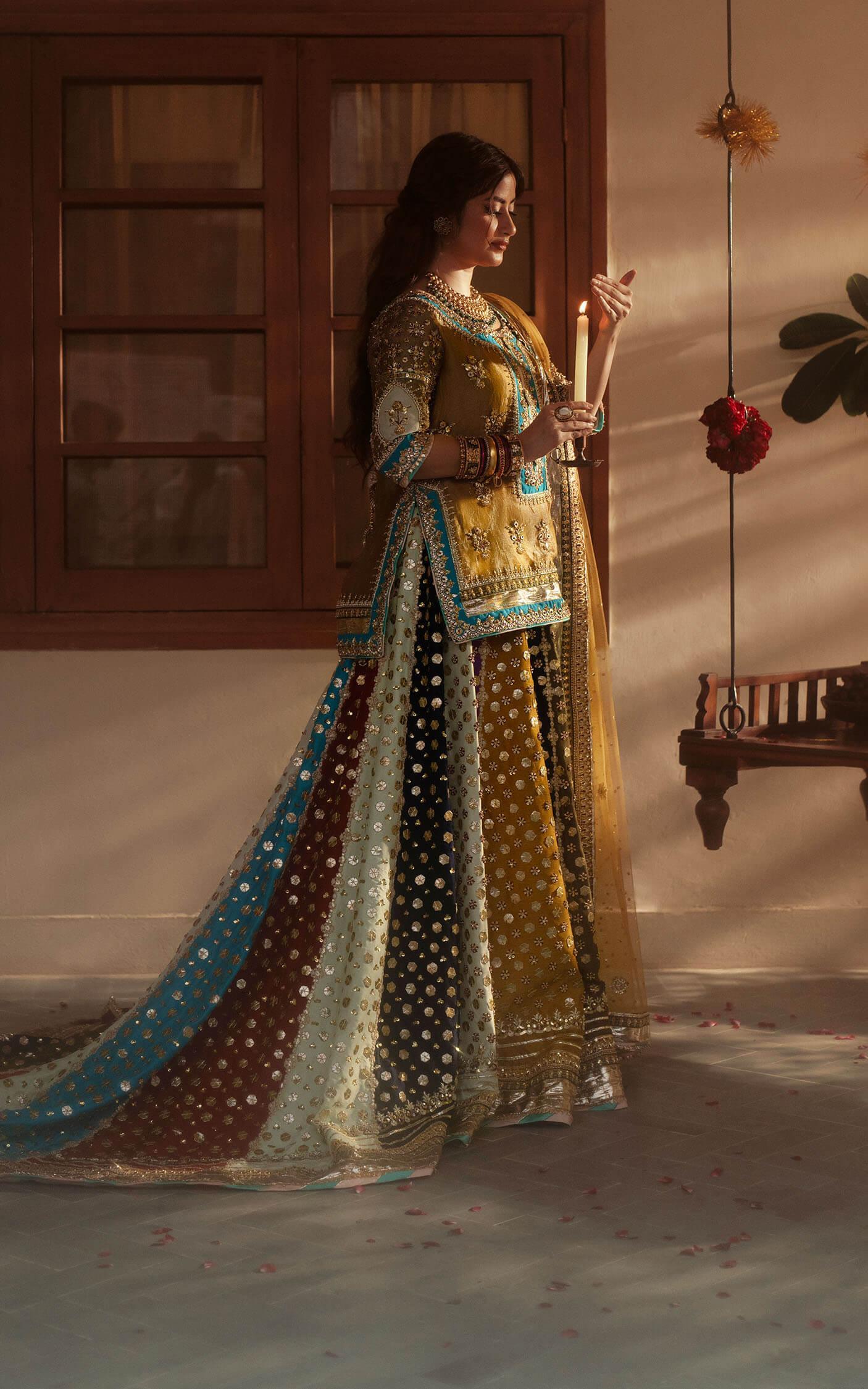 Pakistani Mustard Gold Dabka Embroidered Silk-Like Gharara (3-Piece) - Image 6