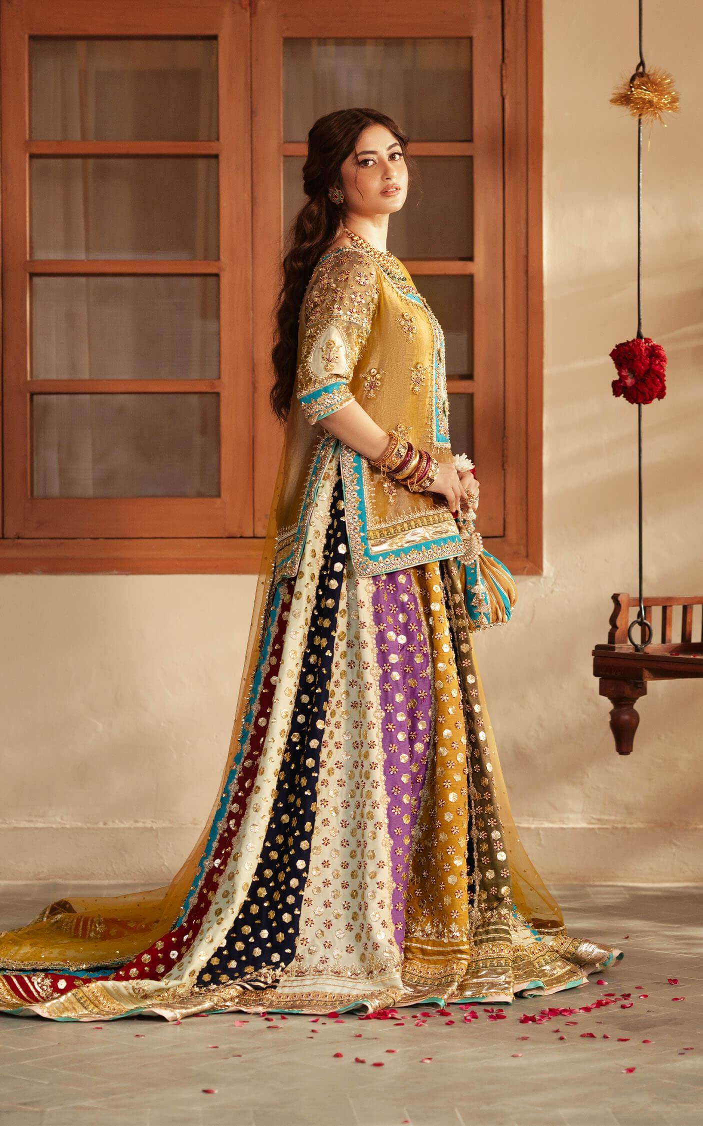 Pakistani Mustard Gold Embroidered Silk Kurti & Farshi Gharara (3-Piece) - Image 2