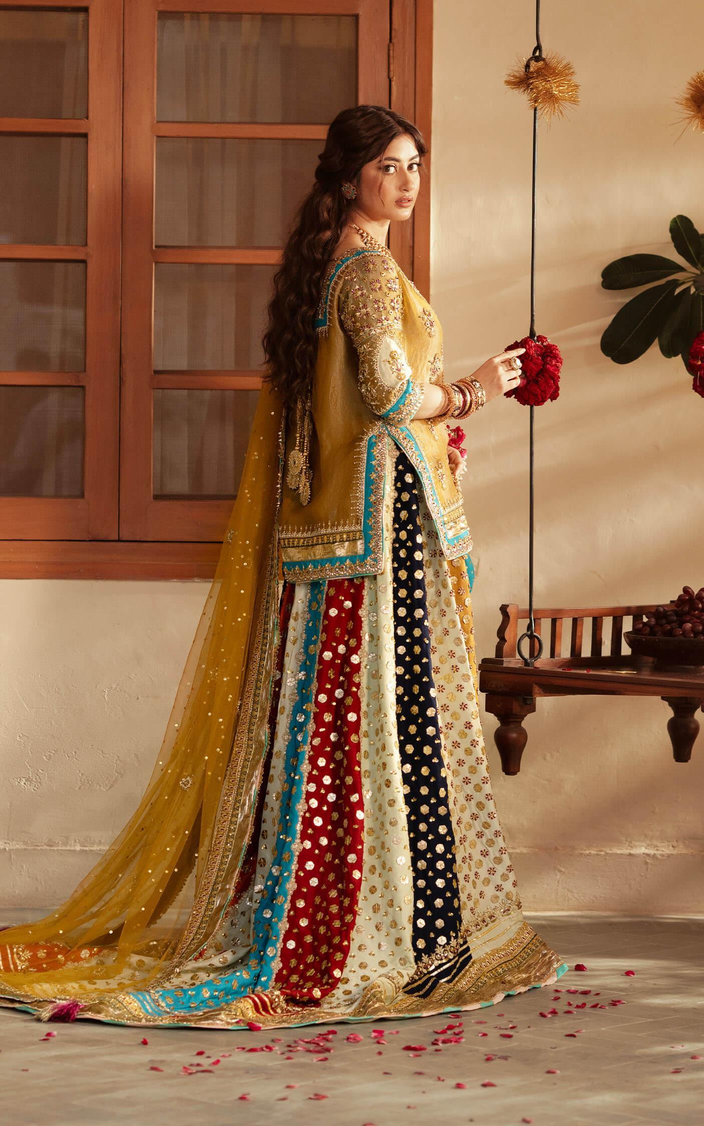 Pakistani Mustard Gold Embroidered Silk Kurti & Farshi Gharara (3-Piece) - Image 3