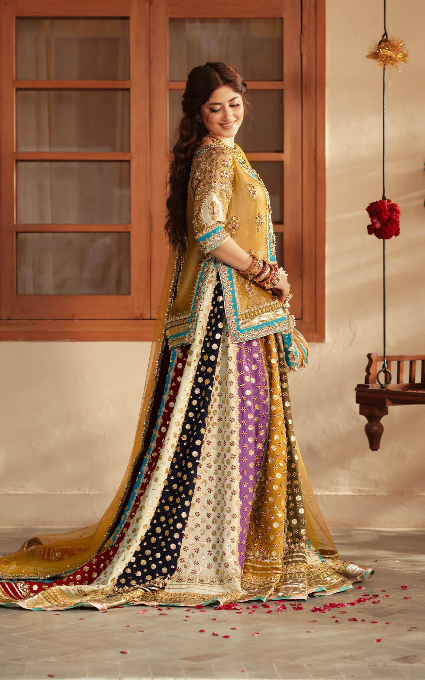 Pakistani Mustard Gold Embroidered Silk Kurti & Farshi Gharara (3-Piece) - Image 4